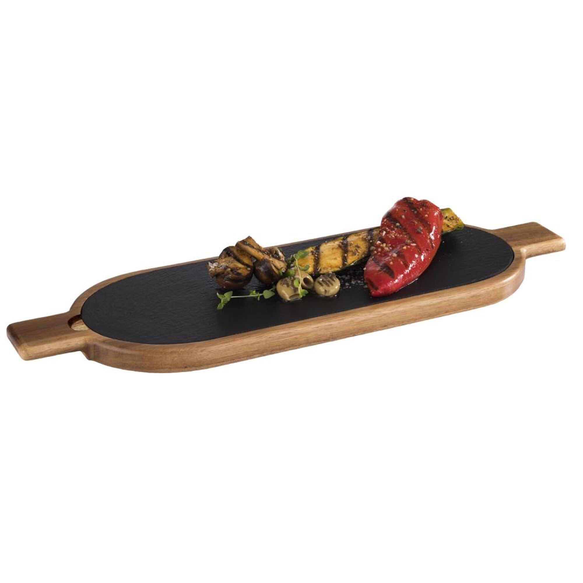 (6 pcs) Planche de service - FUSIONA - Set de 2 pièces - incl. ardoise naturelle - Acacia - 500x150mm - ovale