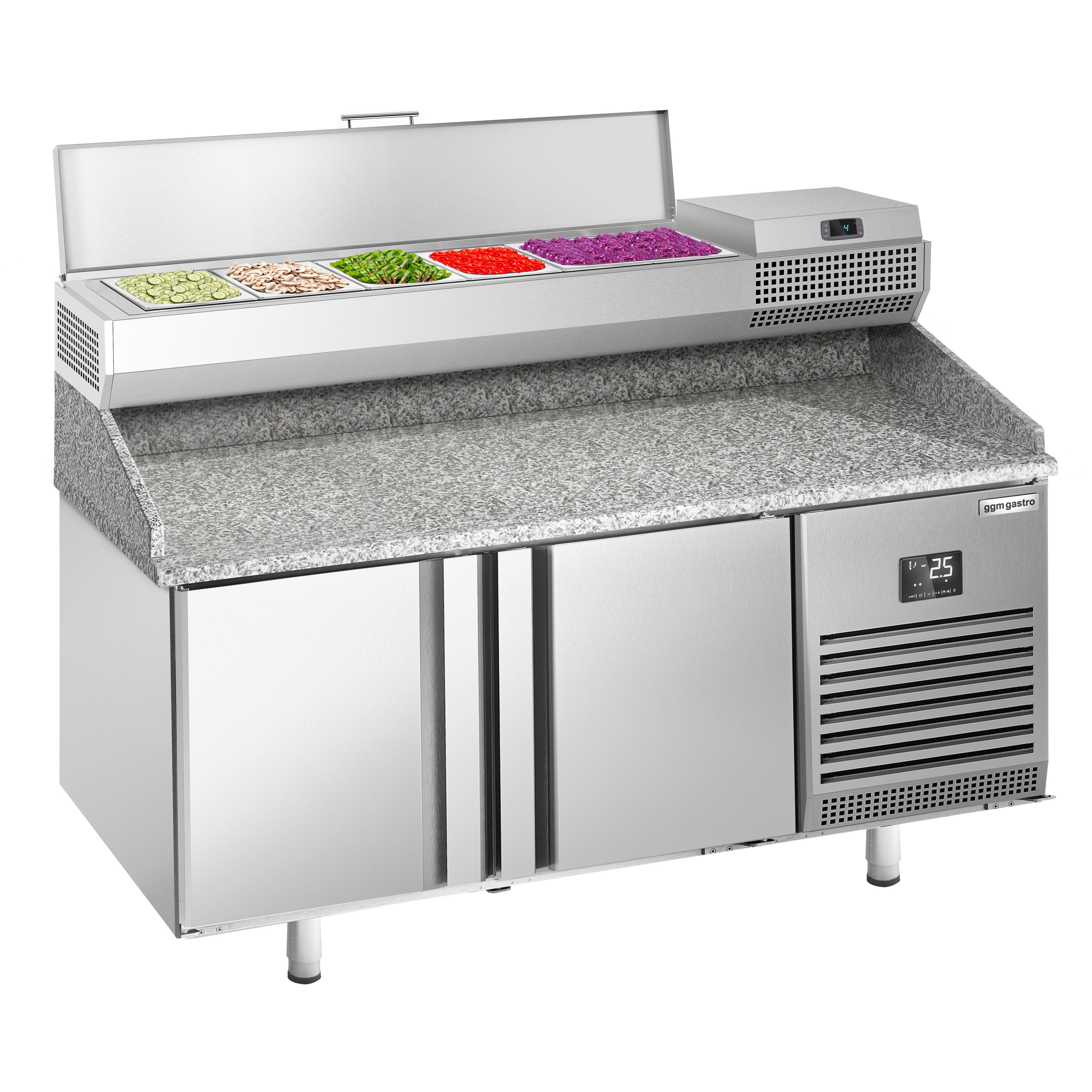 Table réfrigérée à pizza Premium PLUS - 1490 x 700 mm - avec 2 portes - incl. vitrine réfrigérée de présentation - 6x GN 1/4
