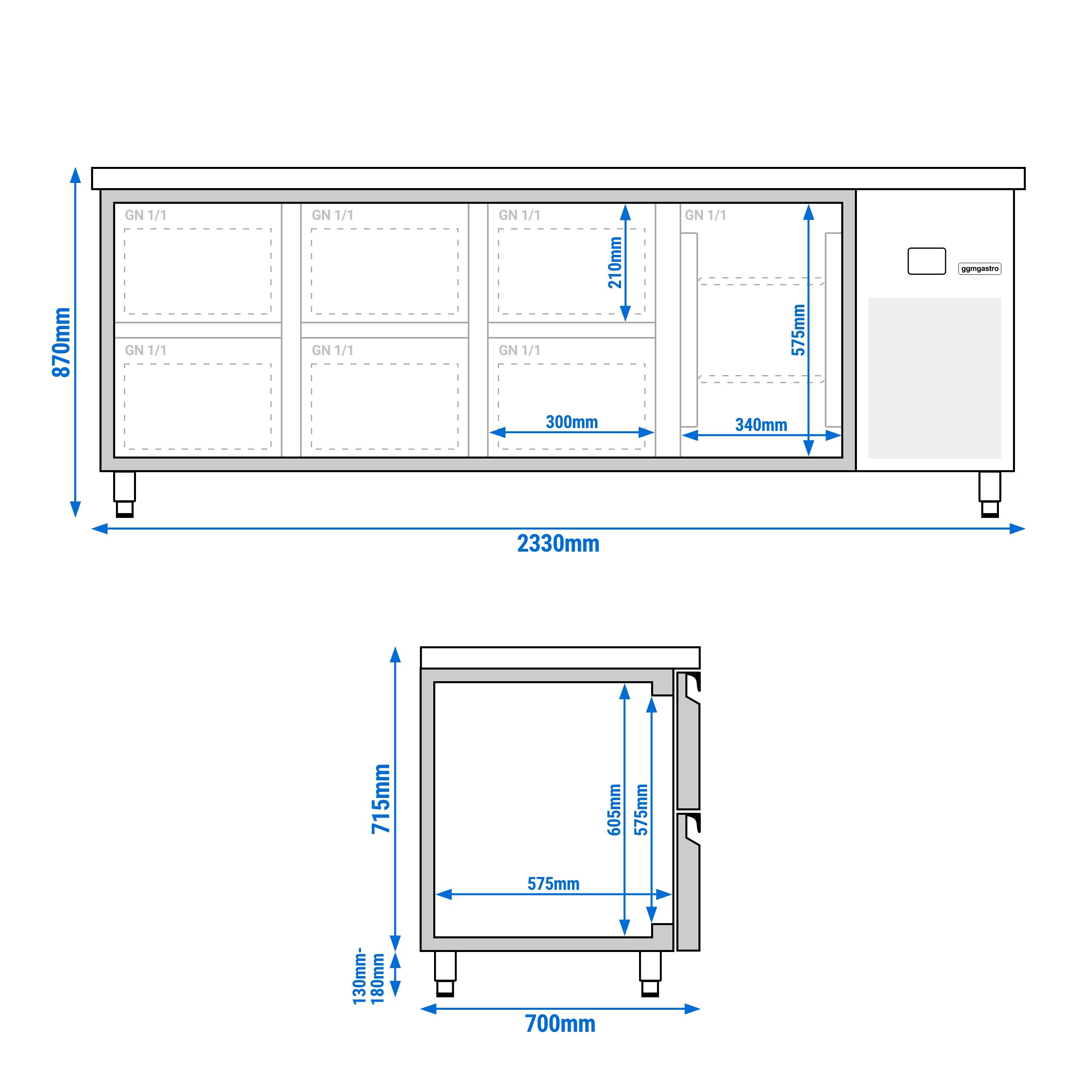 Table réfrigérée PREMIUM - 2330x700 mm - avec 1 porte - 6 tiroirs
