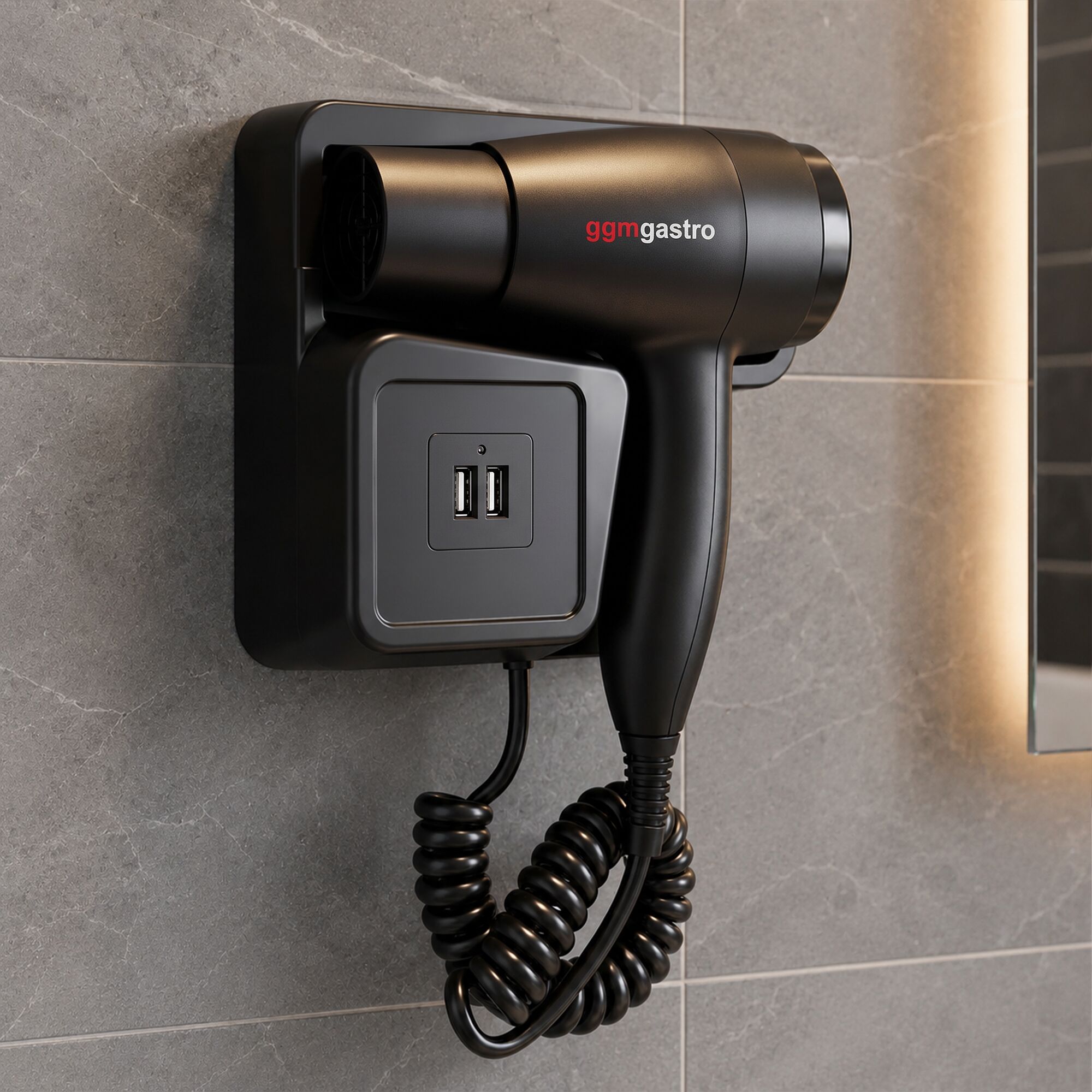 Fén s nástěnným držákem – teplý a studený vzduch – 2 USB porty – 1,3 kW