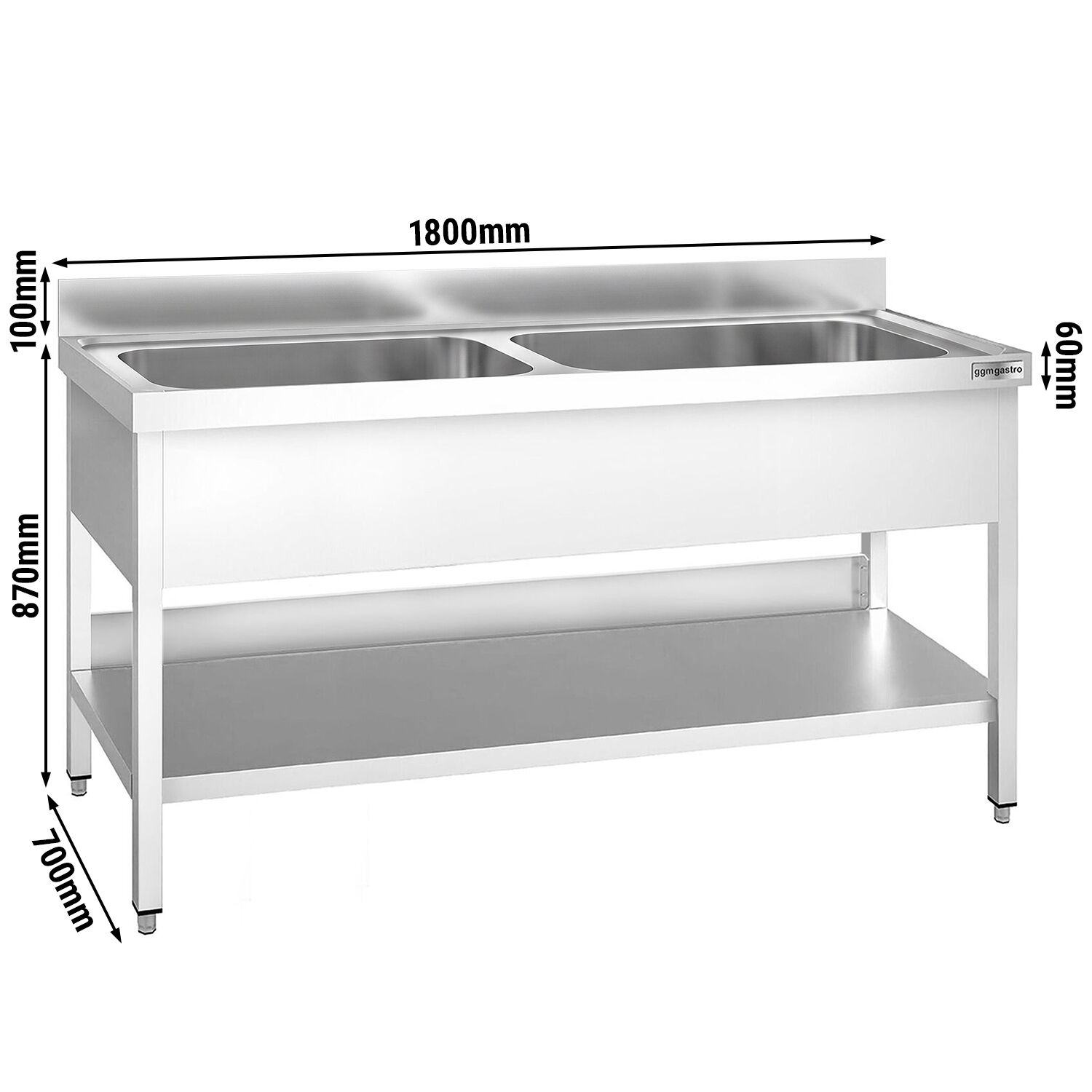 PREMIUM pot washing table – 1800x700mm – with 2 basins