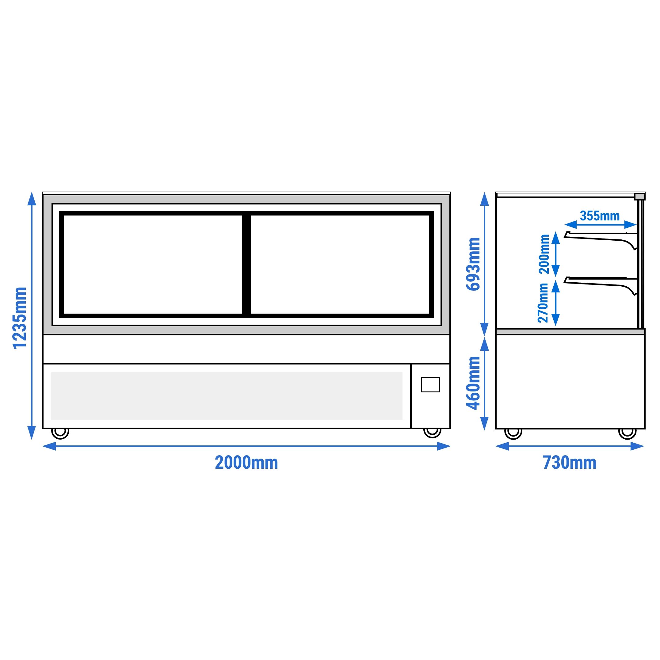 Vitrine à pâtisserie réfrigérée - 890L - 2000mm - Double vitrage - avec 2 étagères en verre - portes coulissantes arrière - Noir mat