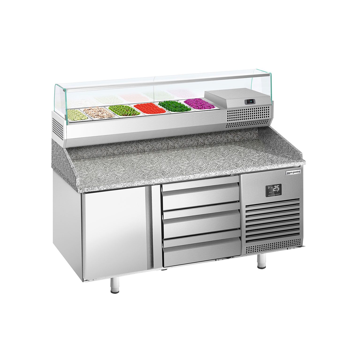 Table réfrigérée à pizza Premium PLUS - 1490x700 mm - avec 1 porte & 3 tiroirs - incl. vitrine réfrigérée - 6x GN 1/4