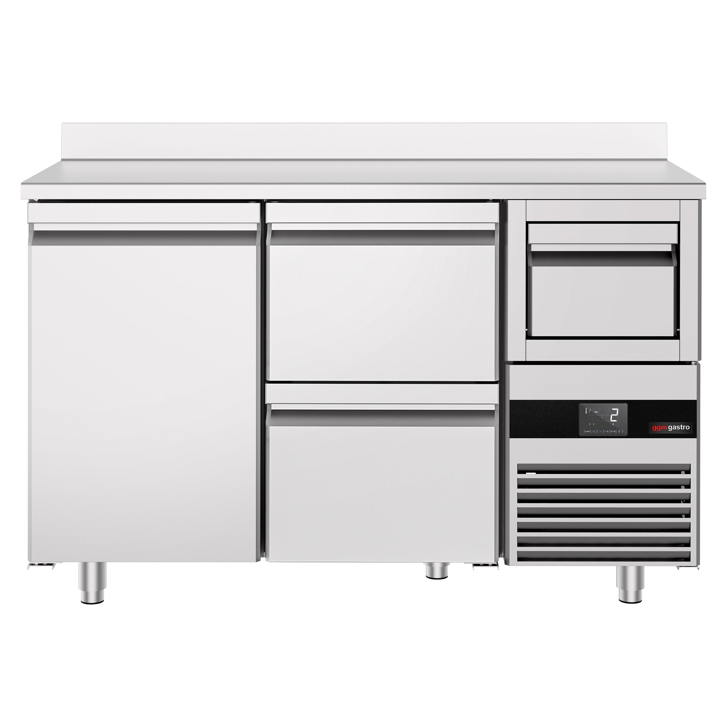 Arrière-bar réfrigéré professionnel  PREMIUM - 1580 x 600 mm - avec 1 porte et 2 tiroirs - avec dosseret - avec tiroir à marc de café