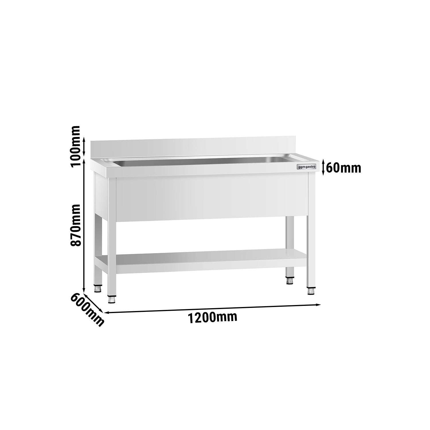 Stainless Steel Commercial Sink Unit PREMIUM - 1200x600mm - with Undershelf & Single Bowl - with Upstand