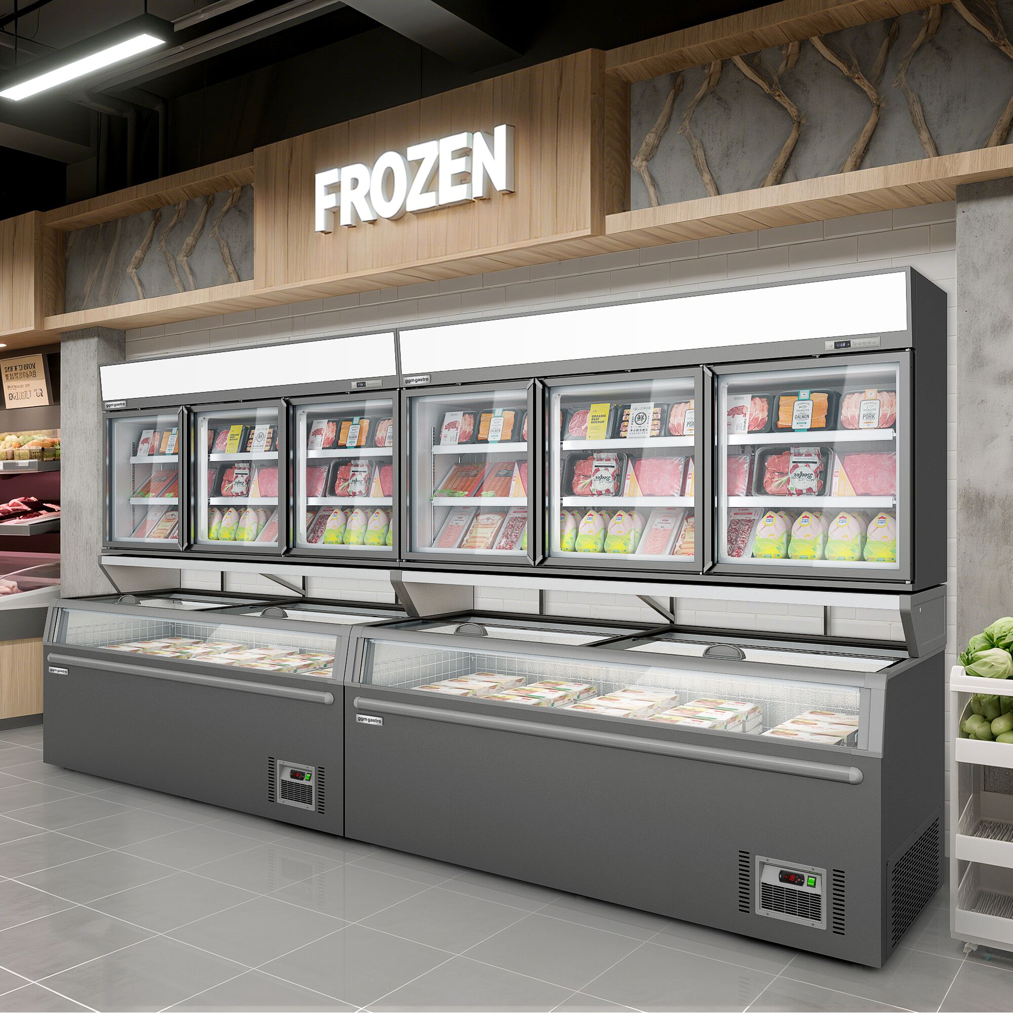 Vitrine murale de congélation pour supermarché - 2100 mm - 346 litres - avec 3 portes & 2 étagères - Gris
