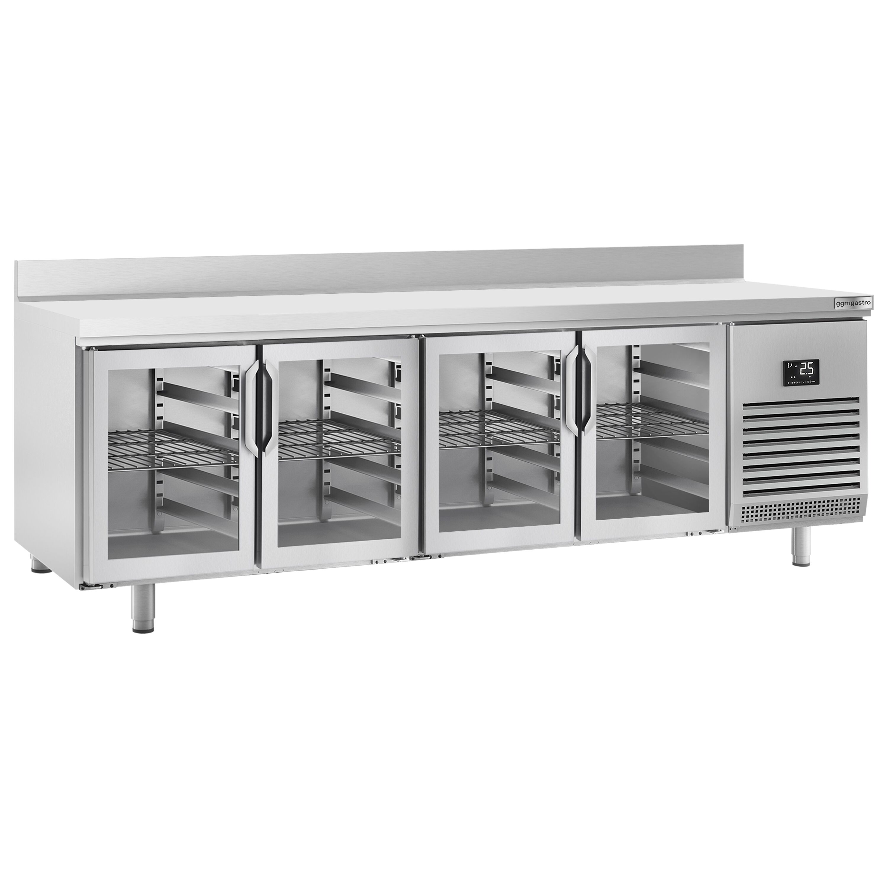 Commercial Counter Fridge PREMIUM PLUS - 2452x600mm - glass doors - with upstand - with 4 doors - capacity 525 litres