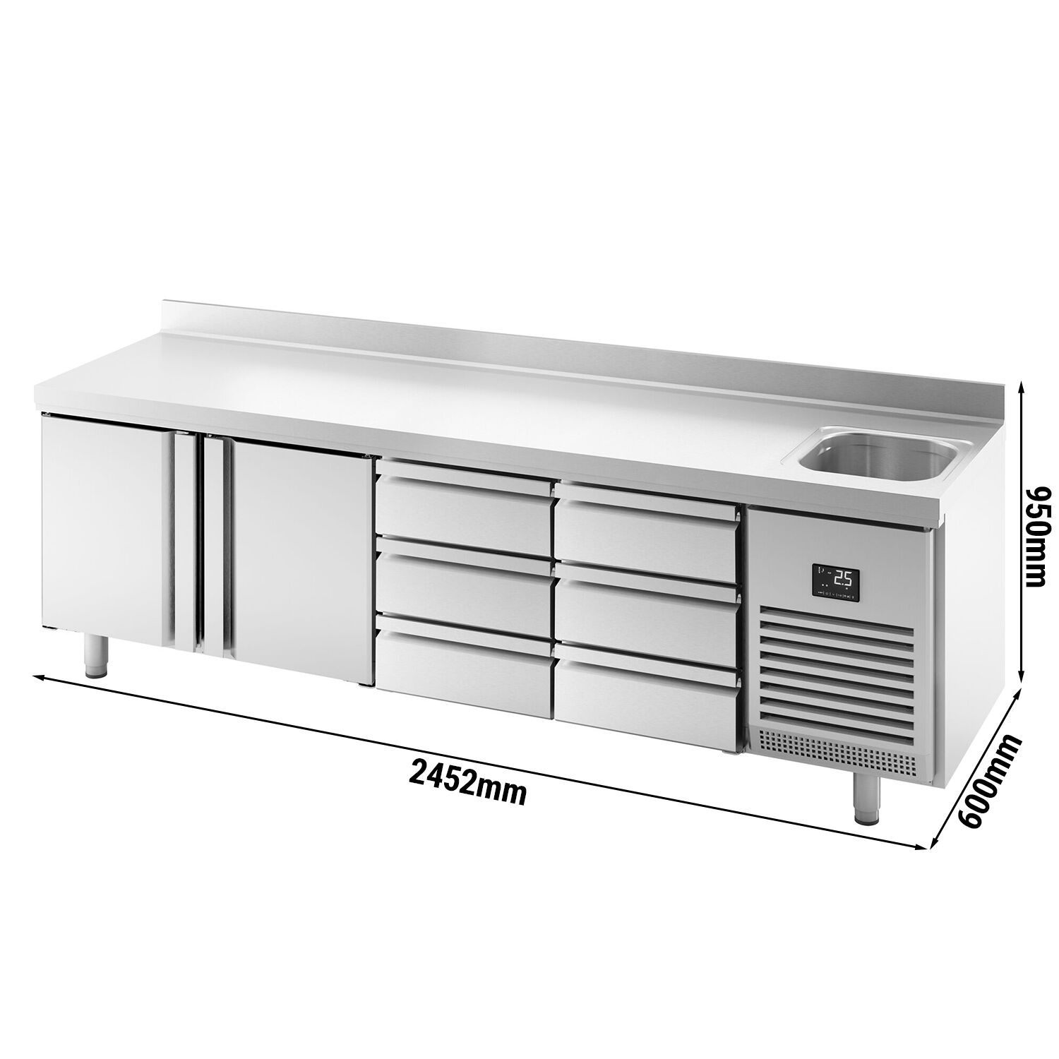 Mesa refrigerada PREMIUM PLUS - 2452x600mm - 510L - 2 portas; 6 gavetas - GN 1/3 - com bacia; com ressalto traseiro; -2 a +8°C