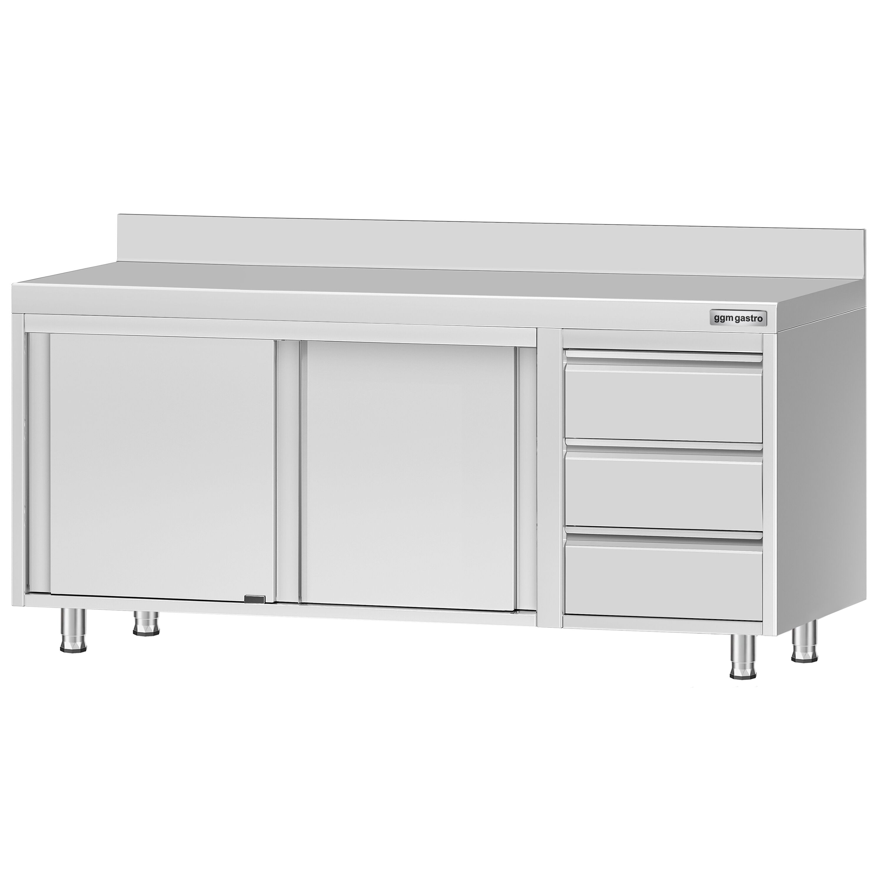 Table armoire en acier inoxydable ECO - 2000x600mm - avec portes coulissantes, 3 tiroirs à droite et étagère basse - avec dosseret