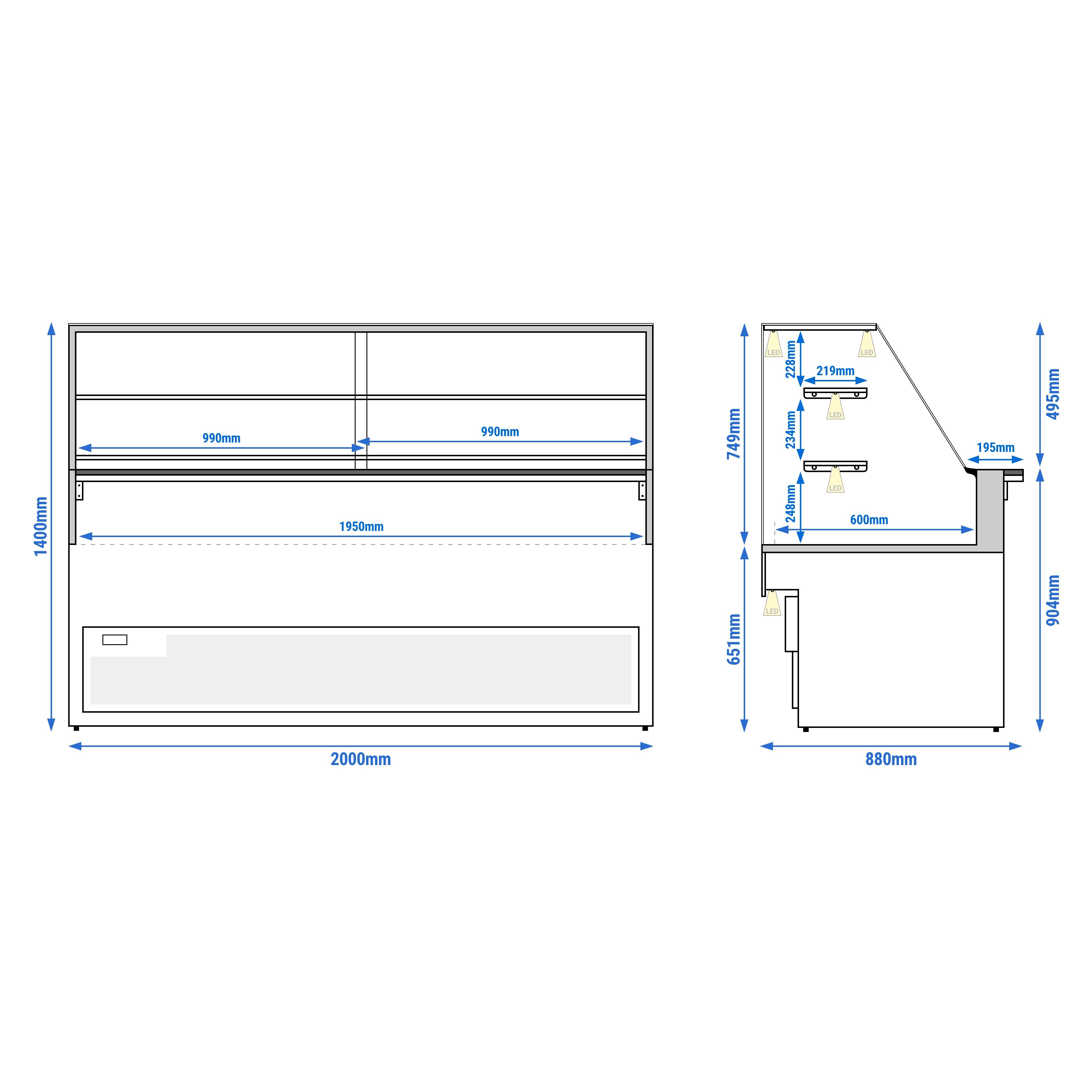 Comptoir réfrigéré TORONTO – 2000 mm – double vitrage – façade en bois – 2 étagères – plan de travail en granit Noir