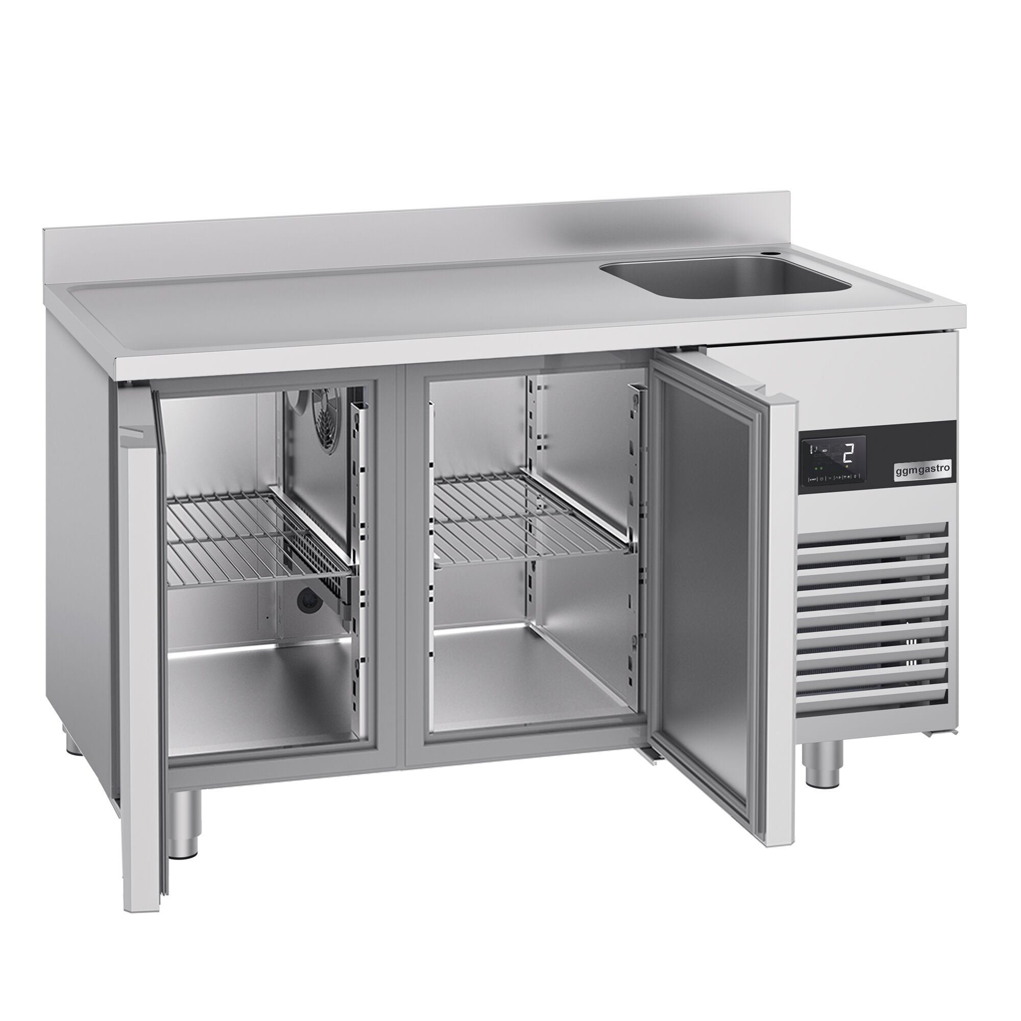 Commercial Counter Fridge PREMIUM - 1430x700mm - with 2 doors - sink right - with upstand - capacity 270 litres