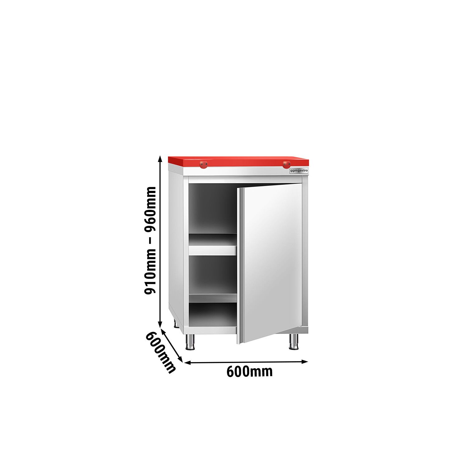 Table armoire en acier inoxydable PREMIUM - 600x600mm - avec portes battantes et étagère basse - pour viande crue - incl. plateau de découpe Rouge PEHD (HACCP)