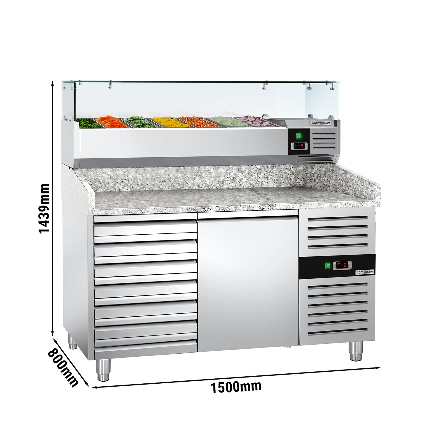 Table réfrigérée à pizza ECO - 1500 x 800 mm - avec 1 porte et 7 tiroirs - incl. vitrine réfrigérée - 7 x GN 1/4