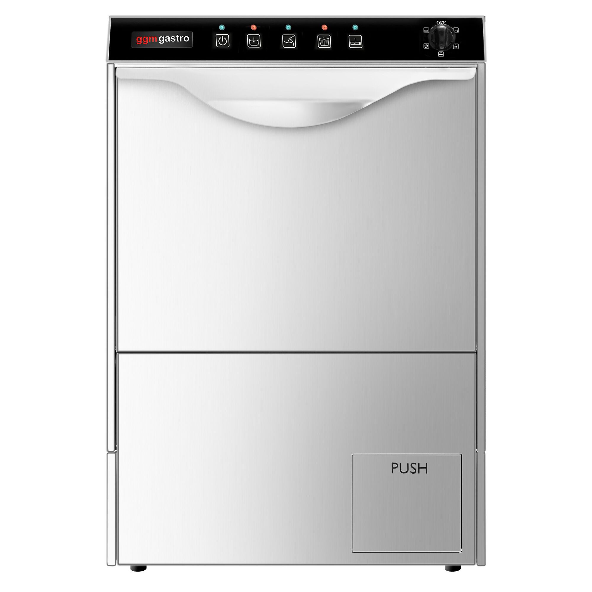 Lave-vaisselle professionnel - Panier 50x50cm - Commandes mécaniques - 3,55kW - avec pompe de vidange + pompes doseuses détergent et liquide de rinçage