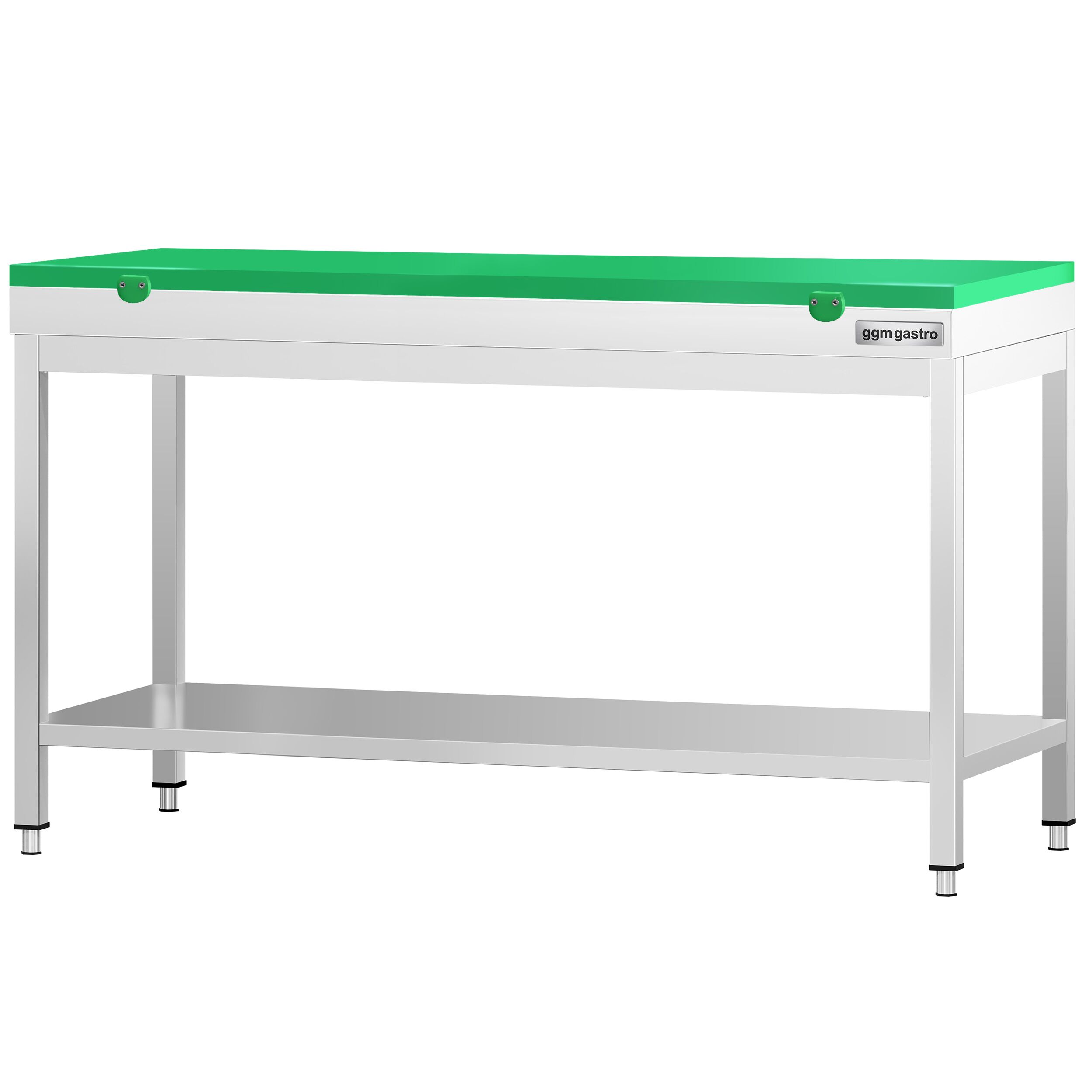 Table de travail inox PREMIUM - 1600 x 700 mm - avec tablette inférieure - incl. Planche à découper Verte