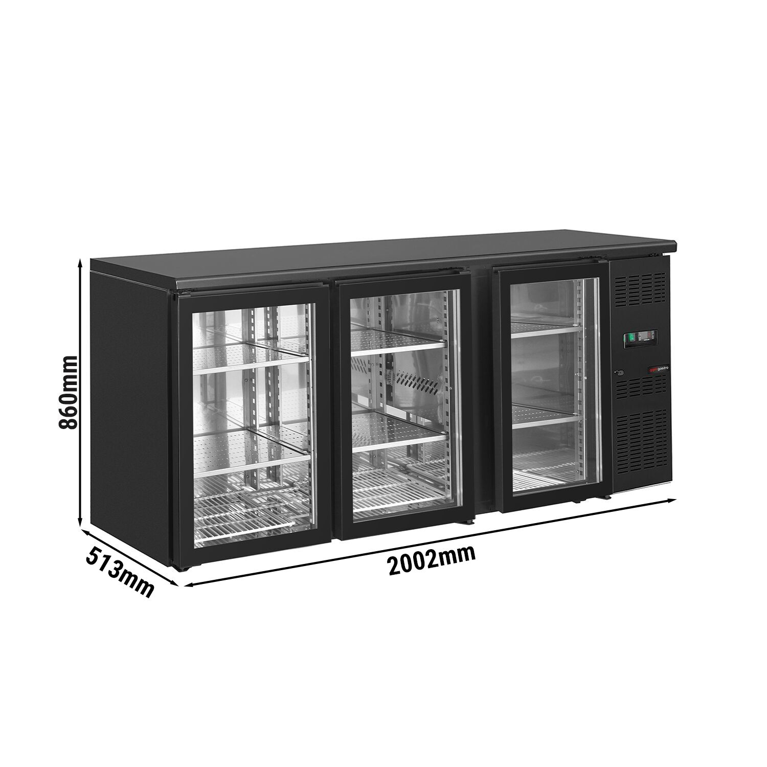Bar- & Getränkekühltisch ECO - 2002mm - 3 rahmenlose Glastüren - Schwarz