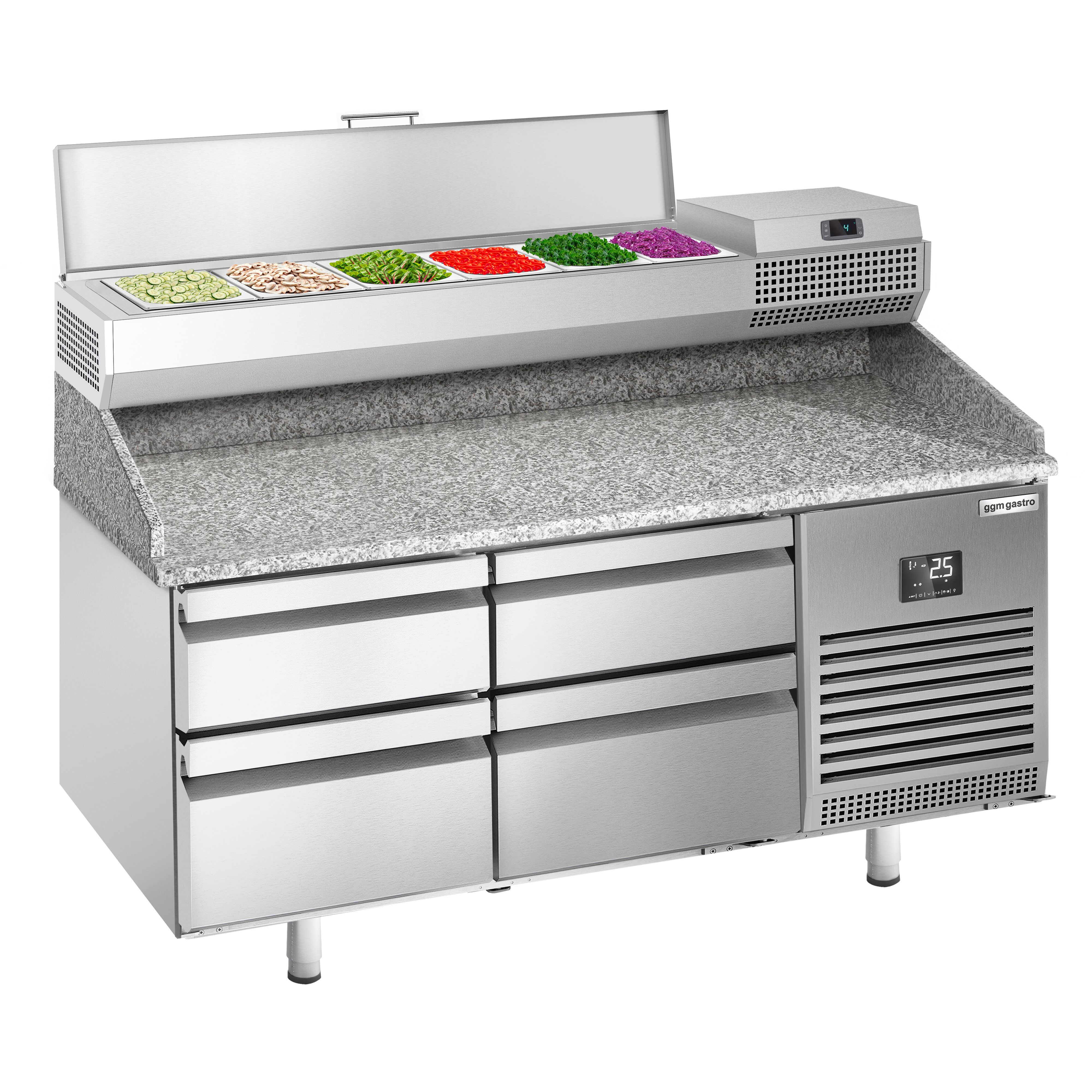 Table réfrigérée à pizza Premium PLUS - 1490x700 mm - avec 4 tiroirs - incl. vitrine réfrigérée - 6x GN 1/4