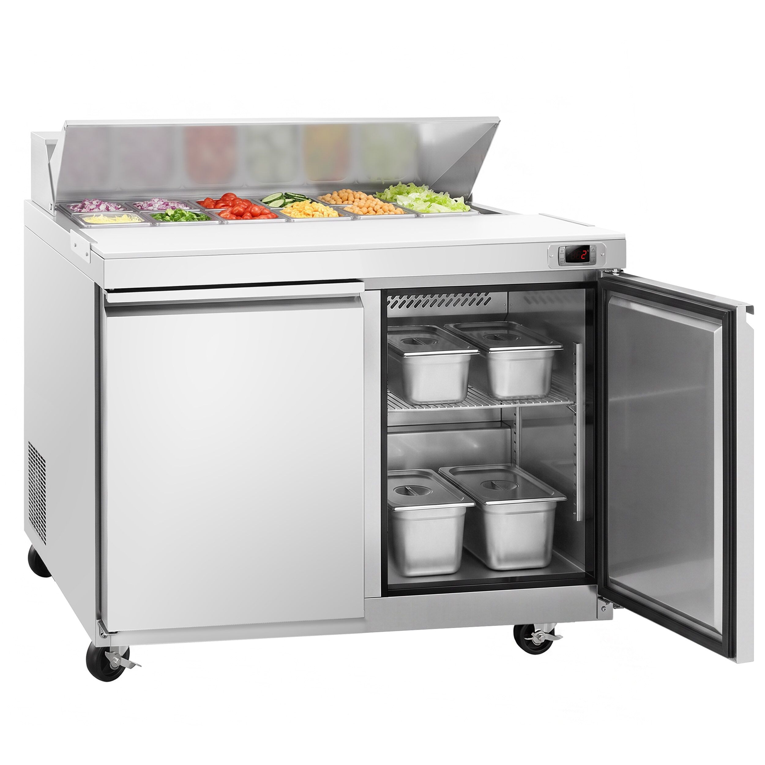 Commercial Saladette Counter American Style PREMIUM - 1230mm - 396L - 2 doors - open top for 12 x GN 1/6 - incl. 12x GN 1/6 pans