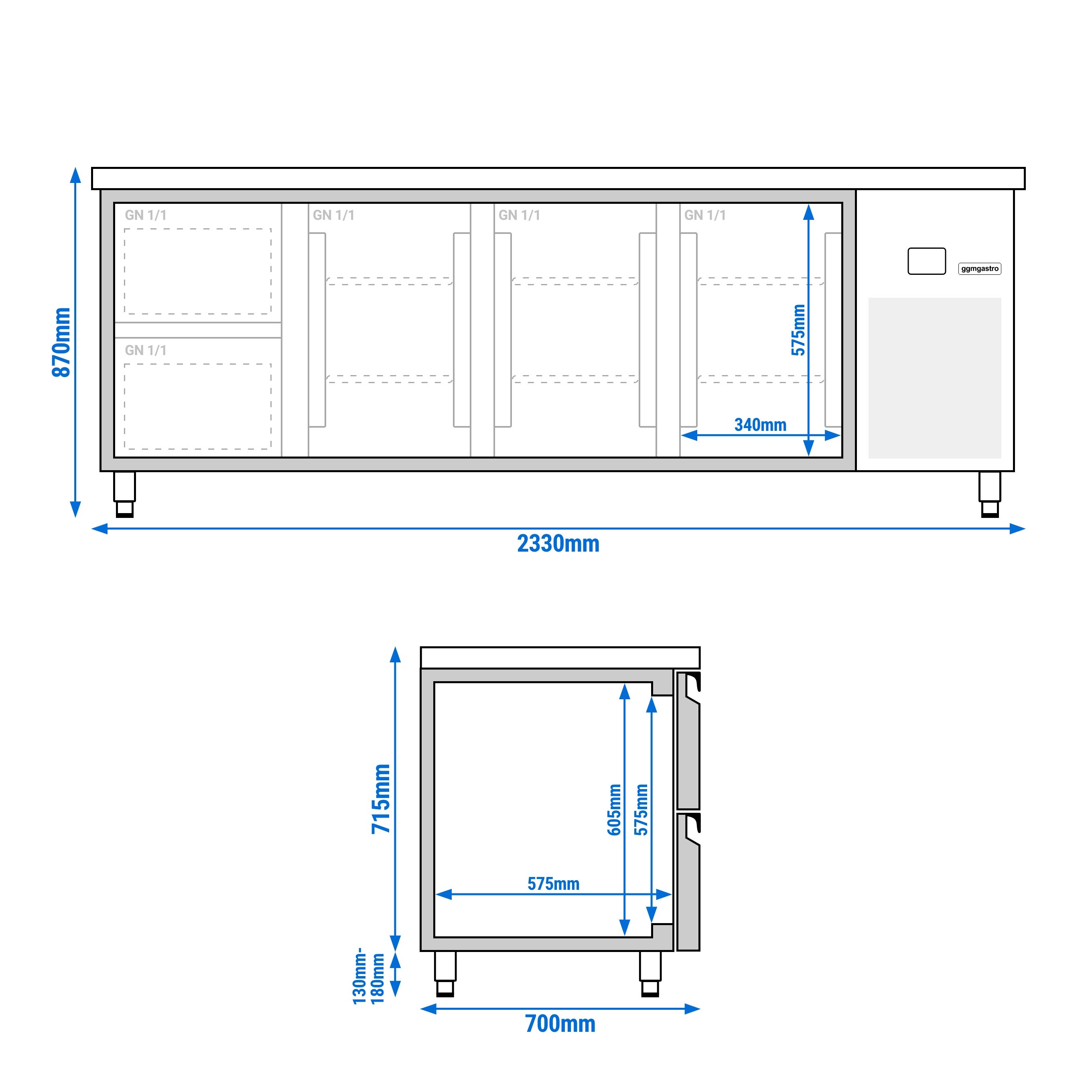 Table réfrigérée PREMIUM - 2330x700 mm - avec 3 portes - 2 tiroirs
