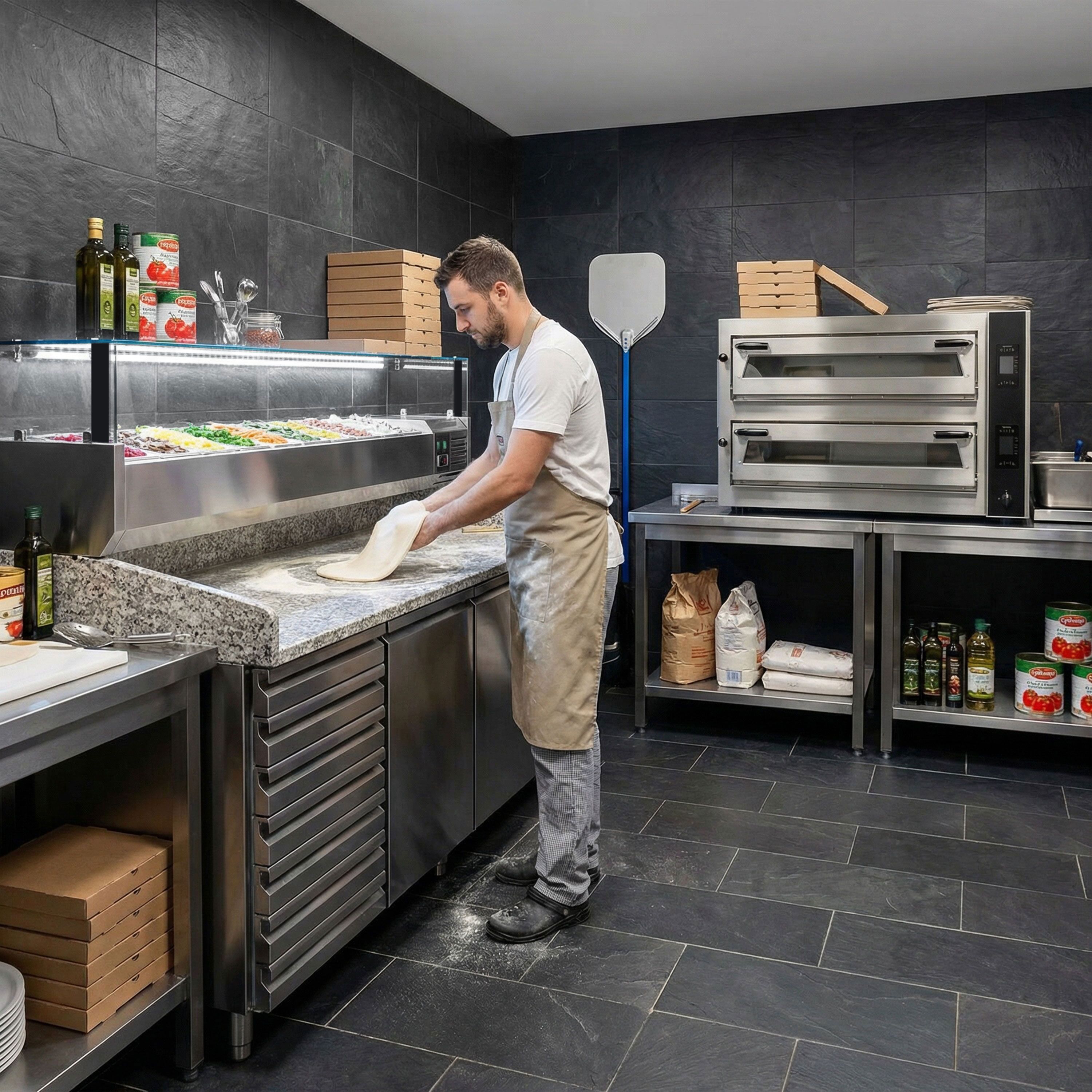 Table réfrigérée pour pizza PREMIUM - 2000 x 800 mm - avec 2 portes & 7 tiroirs - incl. vitrine réfrigérée avec LED - 10 x GN 1/4