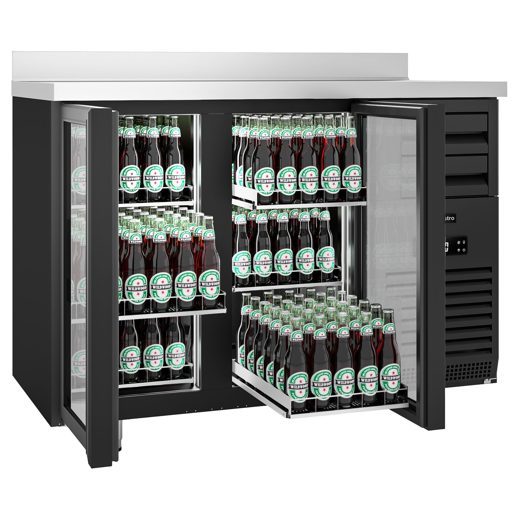 Arrière-bar réfrigéré professionnel  - 1475x700 mm - 440 litres - avec 2 portes vitrées & dosseret - noir
