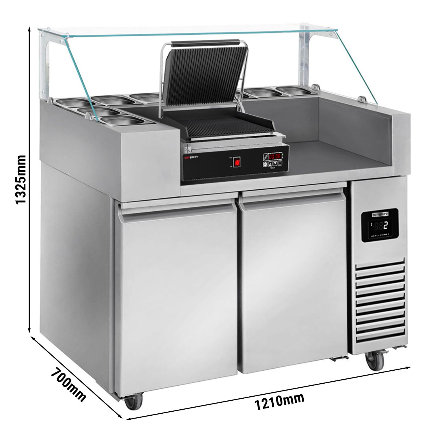 Zubereitungstisch - 1210mm - 2 Türen - für 9x GN 1/6 - inkl. Digitalem Kontaktgrill