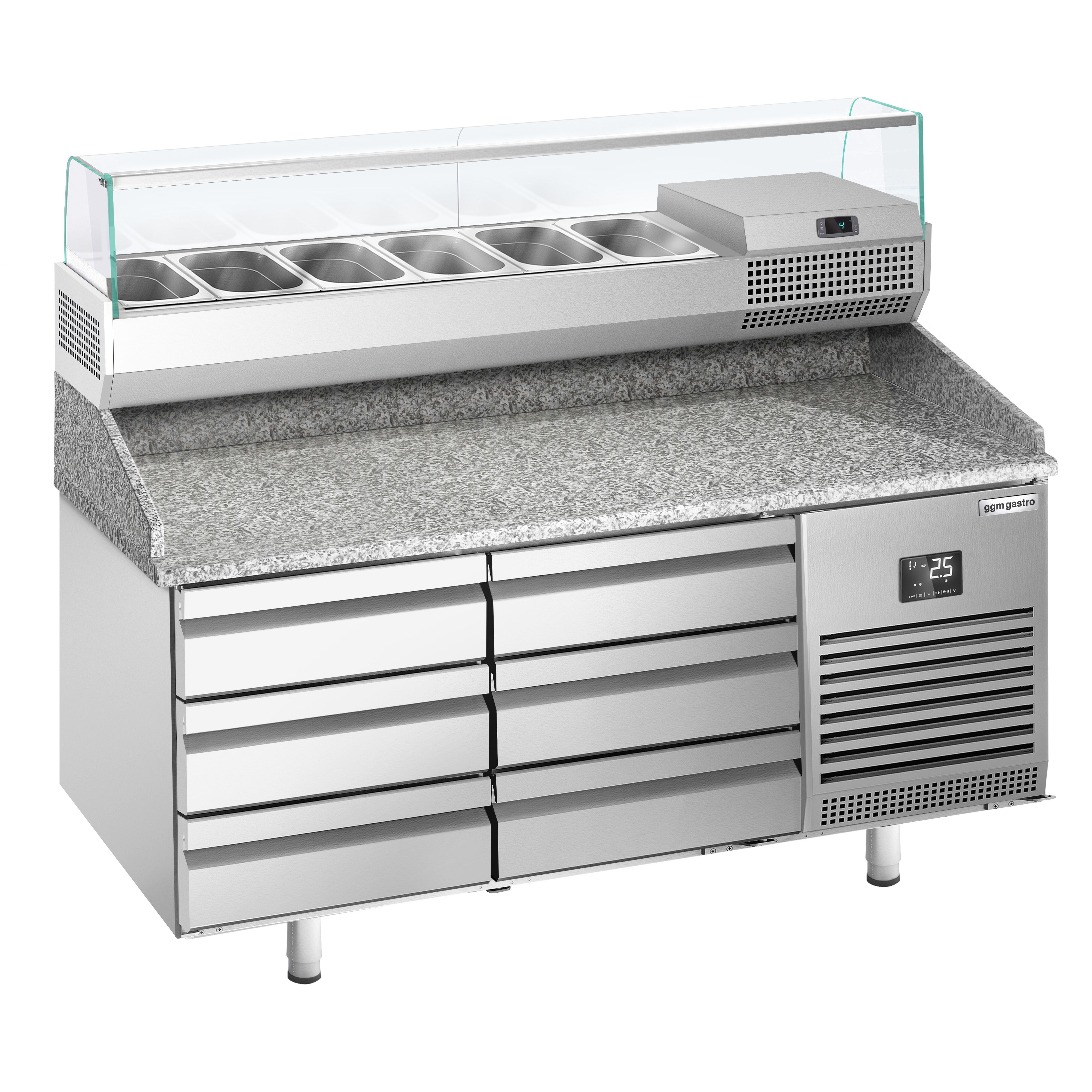 Table réfrigérée à pizza Premium PLUS - 1490x700 mm - avec 6 tiroirs - incl. vitrine réfrigérée - 6x GN 1/4