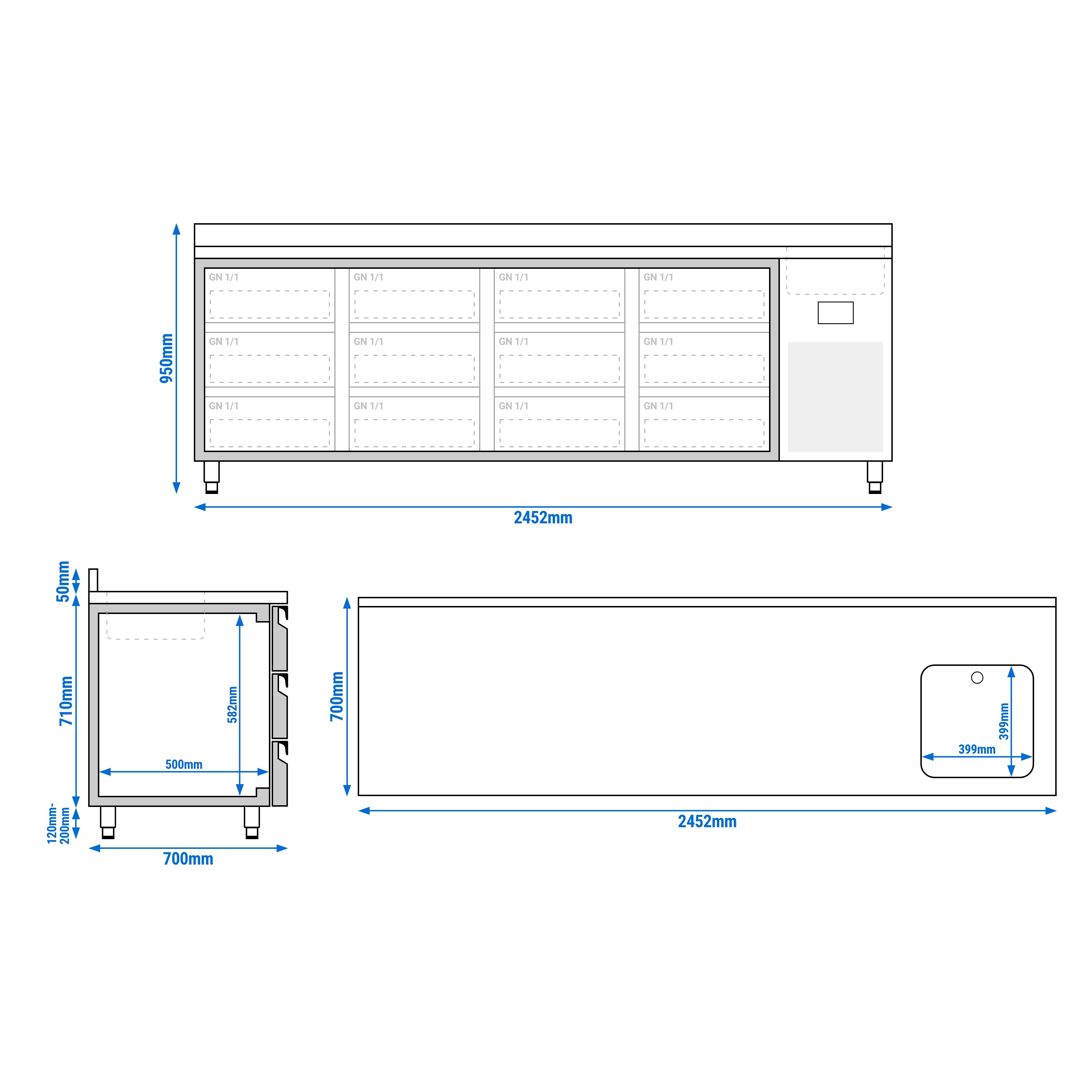 Koelwerkbank PREMIUM PLUS - 2452x700mm - 630 liter - met 1 deur - met 6 lades - opstand