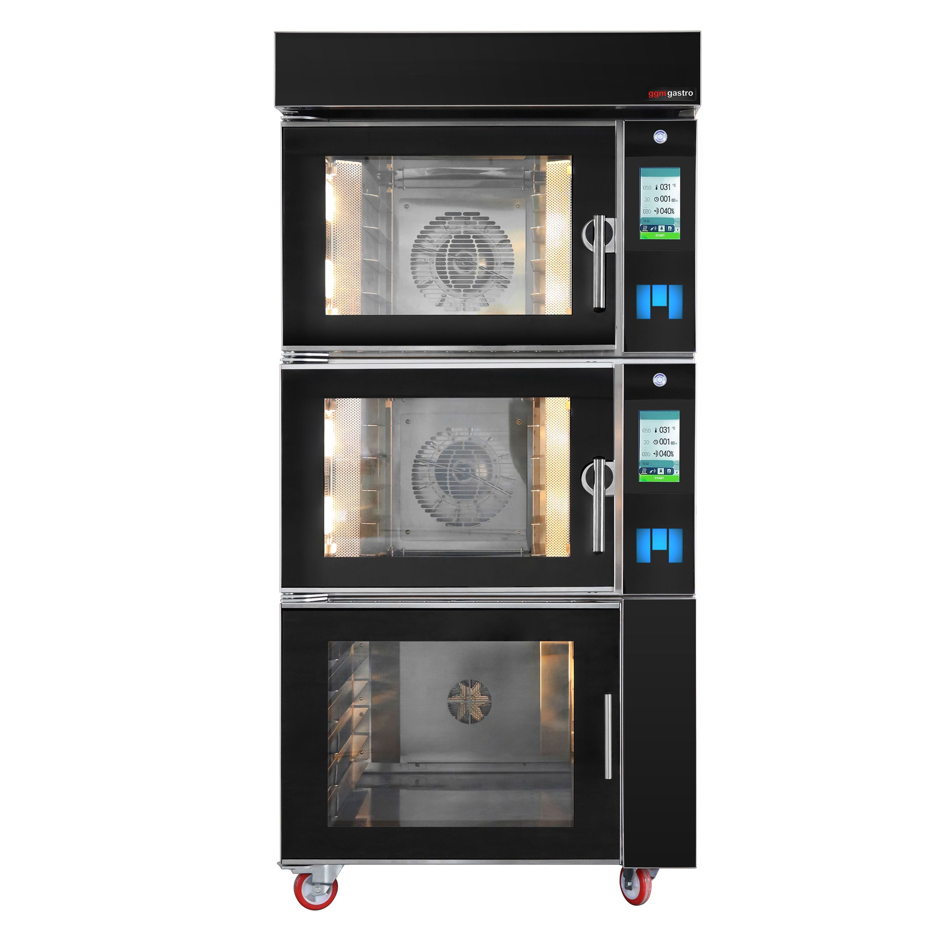Électrique Four à convection avec injection d’eau - Écran tactile - 2 chambres de cuisson - 10 niveaux 600x400mm - Acier inoxydable - Noir - avec armoire de fermentation - sans plaques