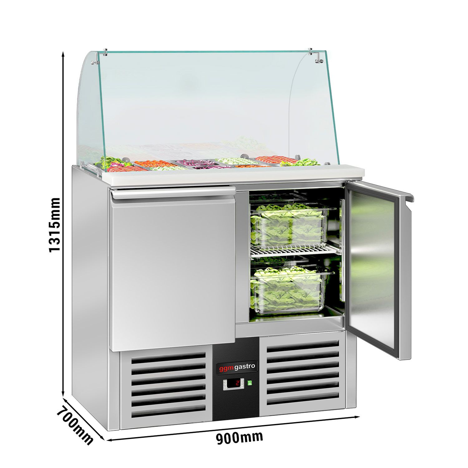 Saladette réfrigérée PREMIUM - 900mm - 240L - 2 portes - avec vitrine de comptoir pour 2x GN 1/1 & 3x GN 1/6