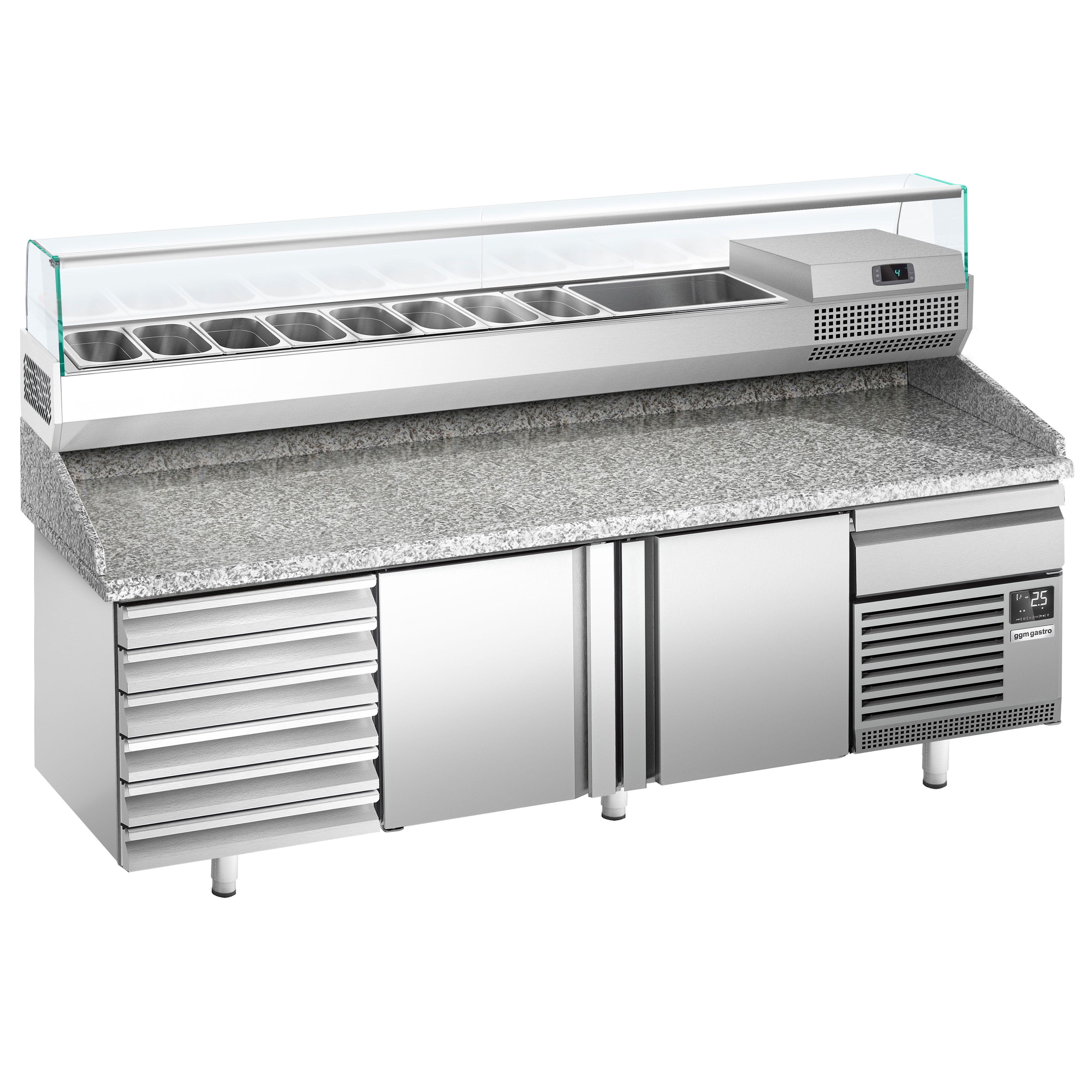 Table réfrigérée à pizza Premium PLUS - 2305 x 800 mm - avec 2 portes & 7 tiroirs - incl. vitrine réfrigérée de présentation - 10x GN 1/3