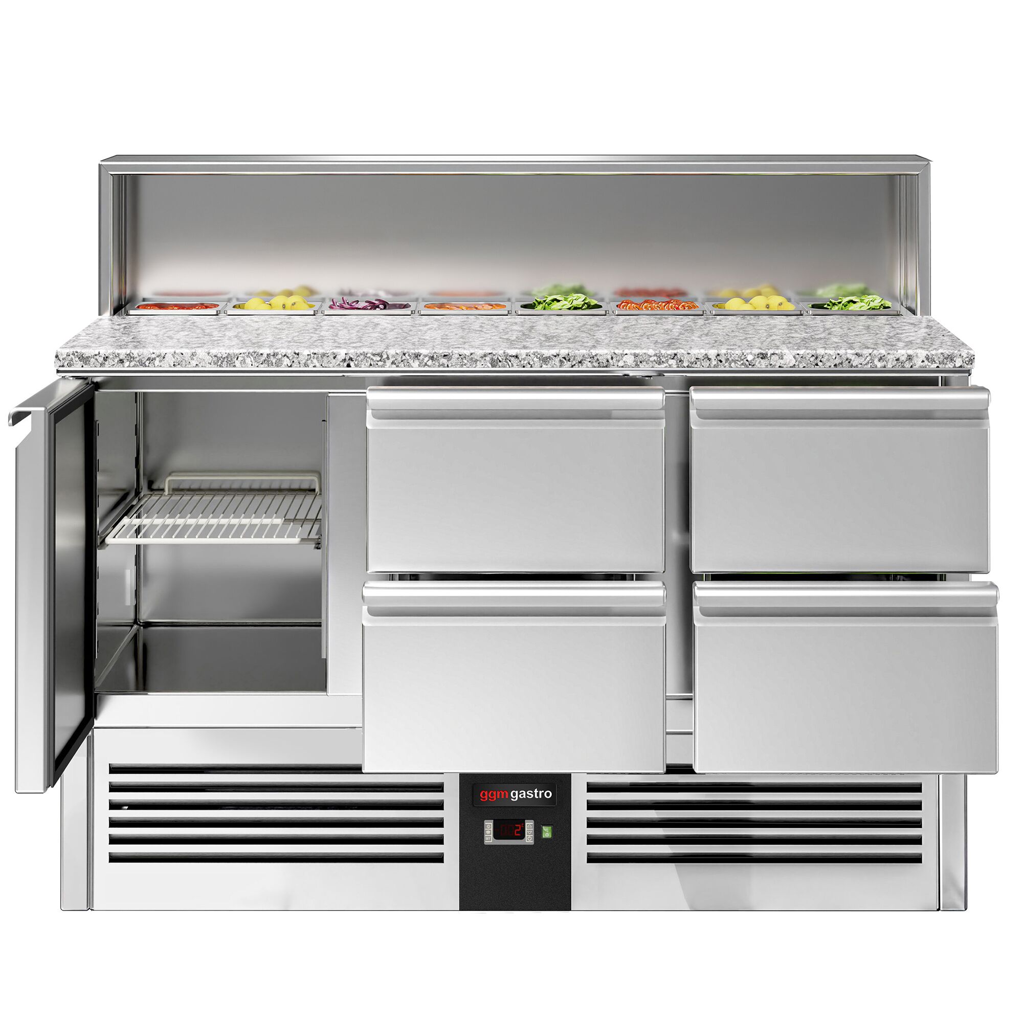 Saladette réfrigérée PREMIUM - 1368mm - 402L - 1 porte & 4 tiroirs - plan de travail en granit noir