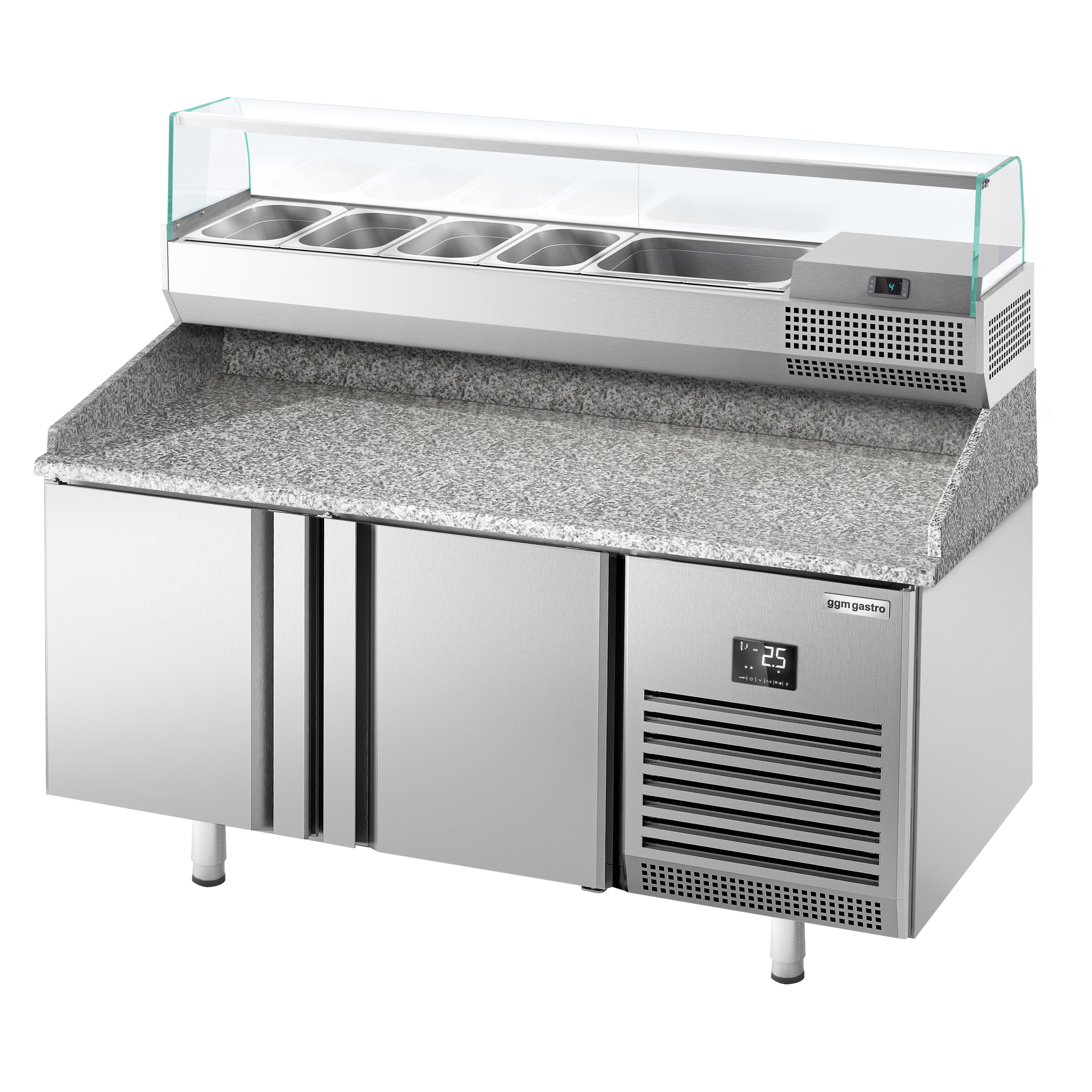 Table réfrigérée à pizza Premium PLUS - 1490 x 700 mm - avec 2 portes - incl. vitrine réfrigérée de présentation - 6x GN 1/4