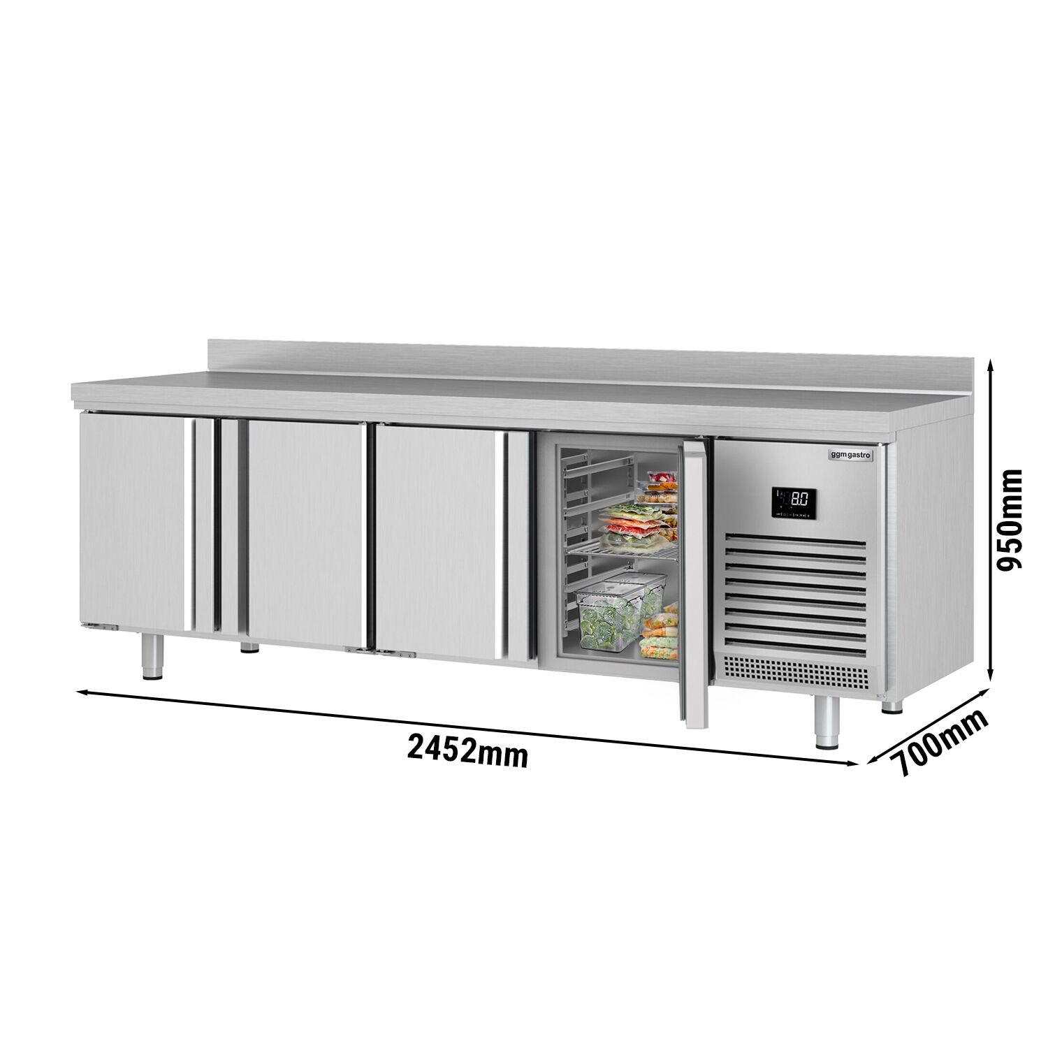 Table réfrigérée Premium PLUS - 2452x700 mm - avec 4 portes - avec rebord