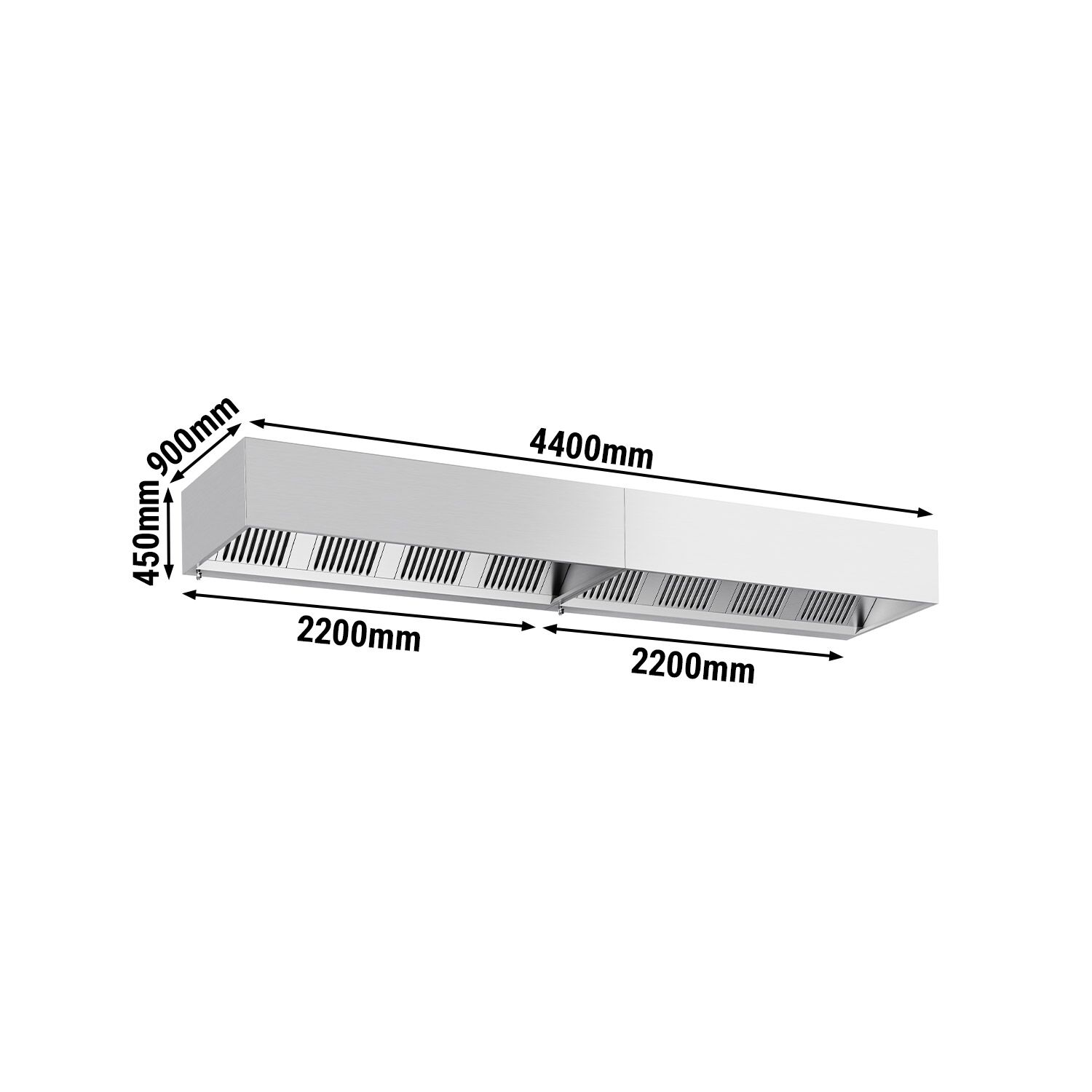 Hotte à adosser professionnelle - Profondeur 900 - 4400mm - sans moteur - avec filtres et éclairage