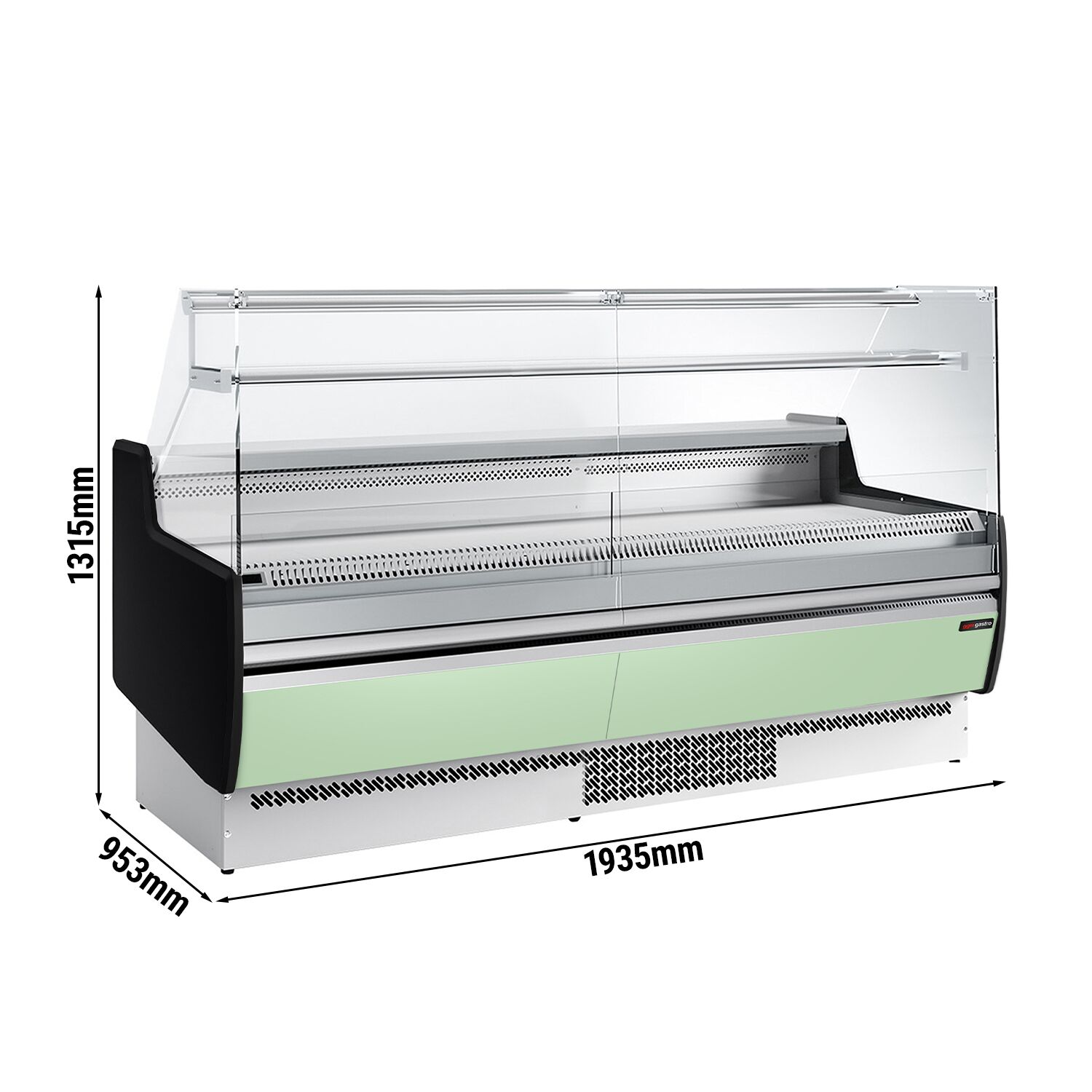 Serve Over Counter - 1935mm - front and sides glass, rear open - capacity 213 litres - front panel light green