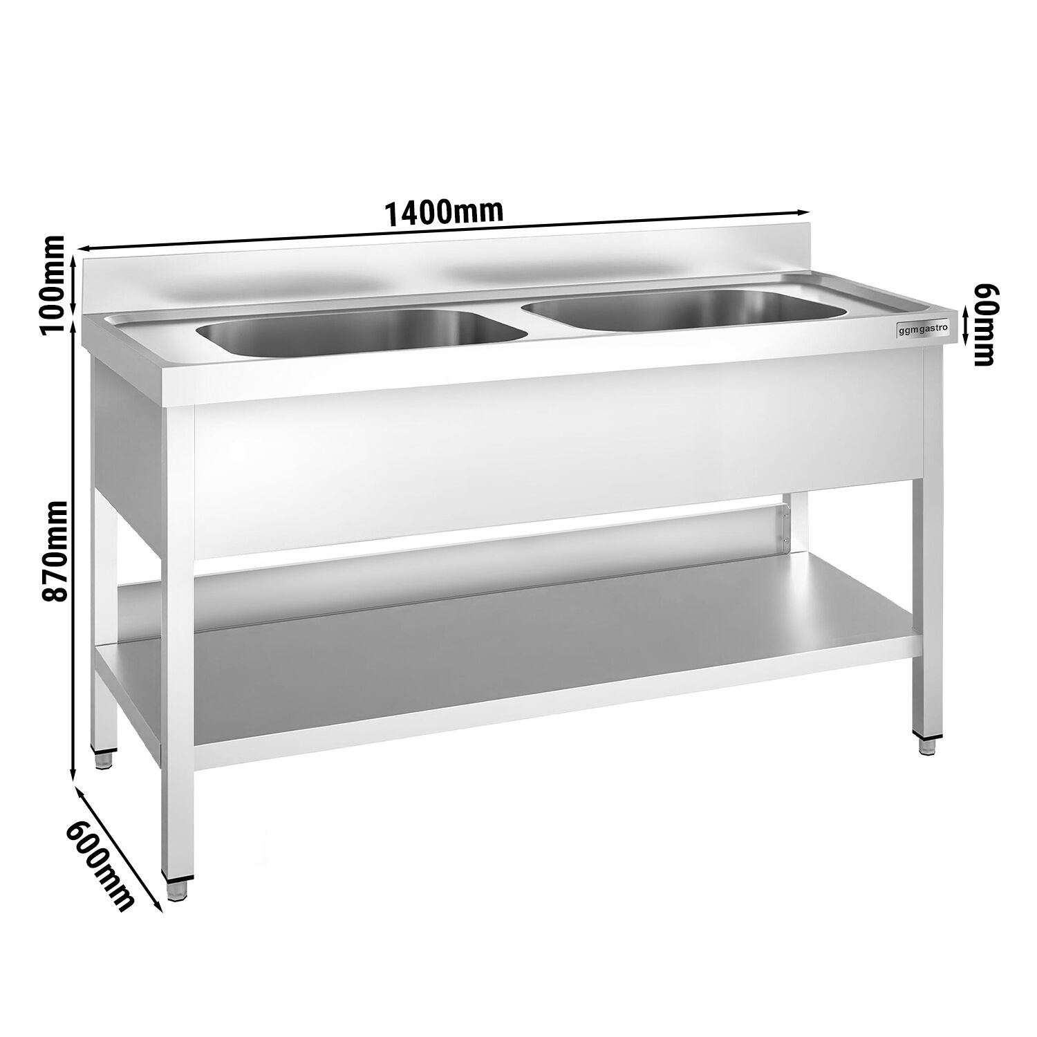 Plonge en inox PREMIUM - 1400x600mm - avec étagère basse - 2 bacs au centre