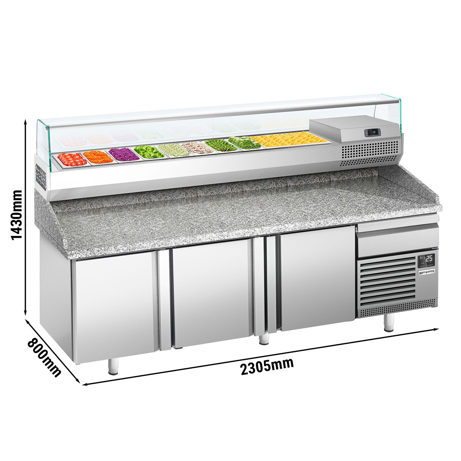 Table réfrigérée à pizza Premium PLUS - 2305 x 800 mm - avec 3 portes & 1 tiroir - incl. vitrine réfrigérée de présentation - 10x GN 1/3