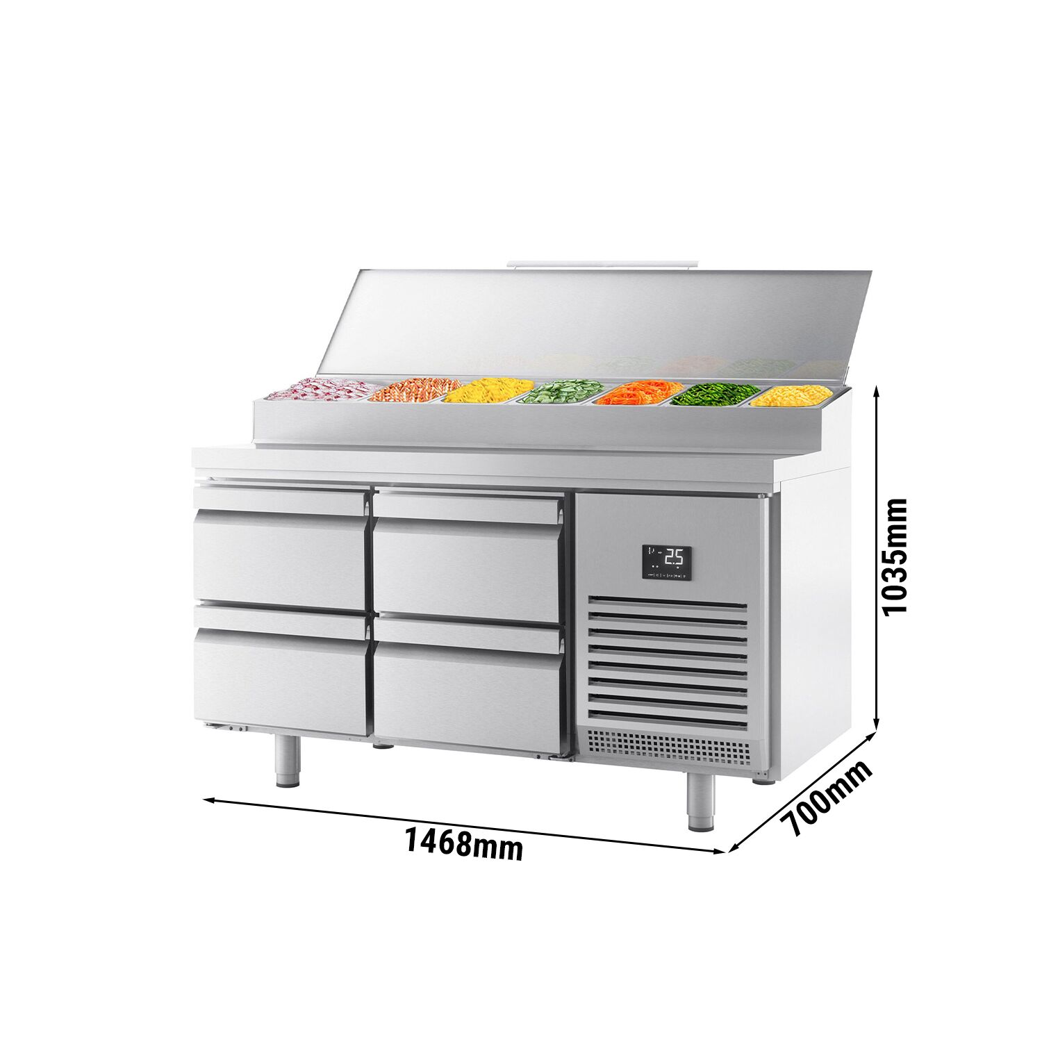 Table réfrigérée de préparation - 1468 x 700 mm - avec 4 tiroirs - avec superstructure en inox 1 x GN 1/2 et 6 x GN 1/3