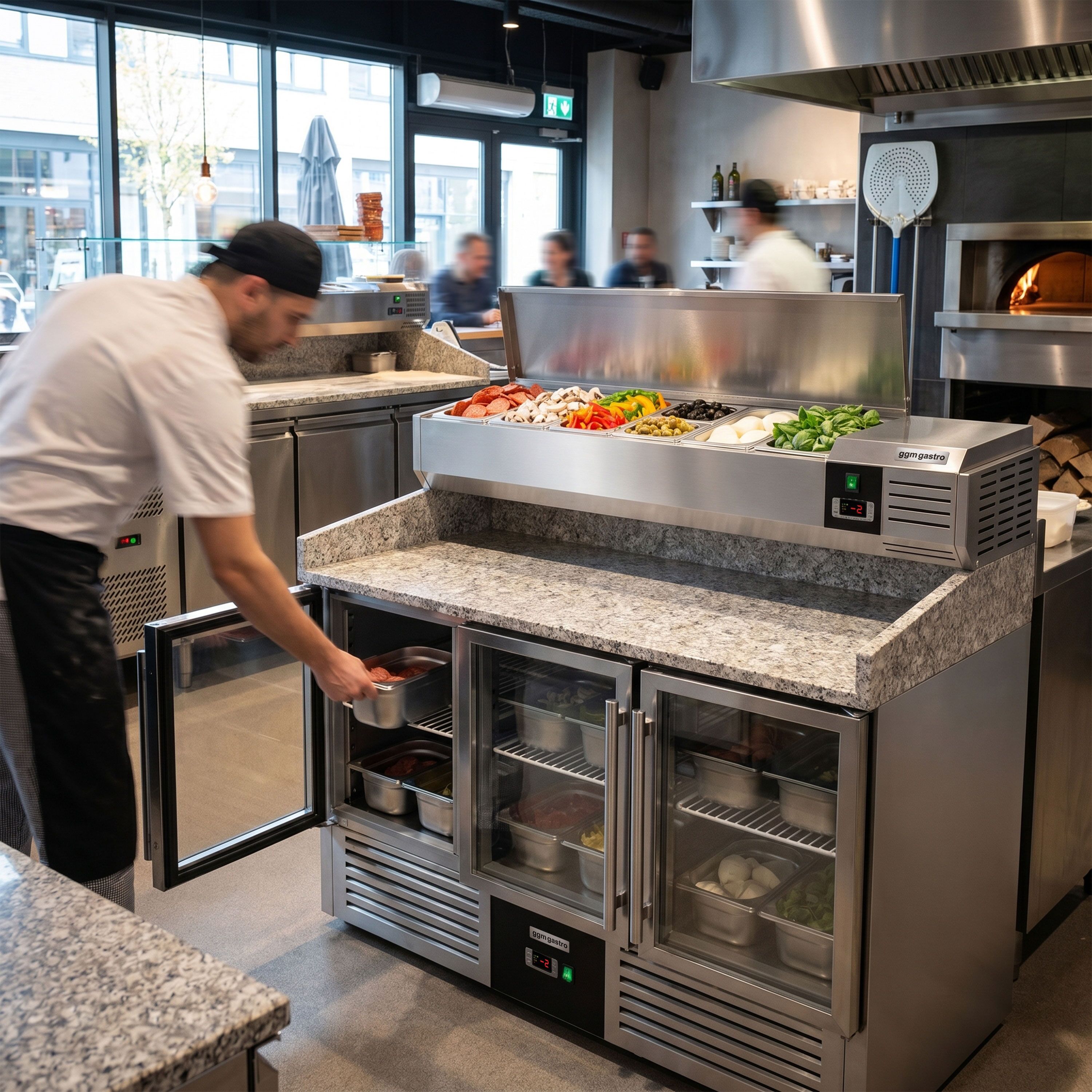 Commercial Pizza Prep Counter - Granite Top PREMIUM - 1400x700mm - with 3 glass doors - incl. refrigerated topping unit - 6x GN 1/4
