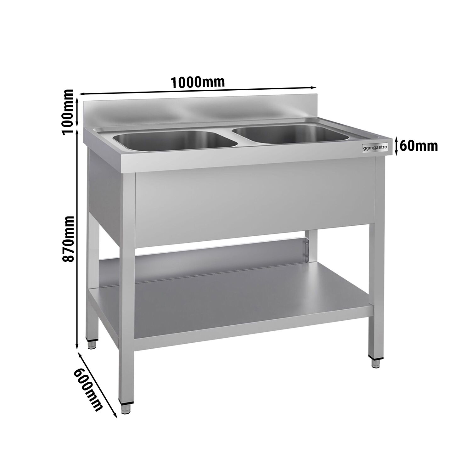 Plonge en inox ECO - 1000x600mm - avec étagère basse - 2 bacs au centre