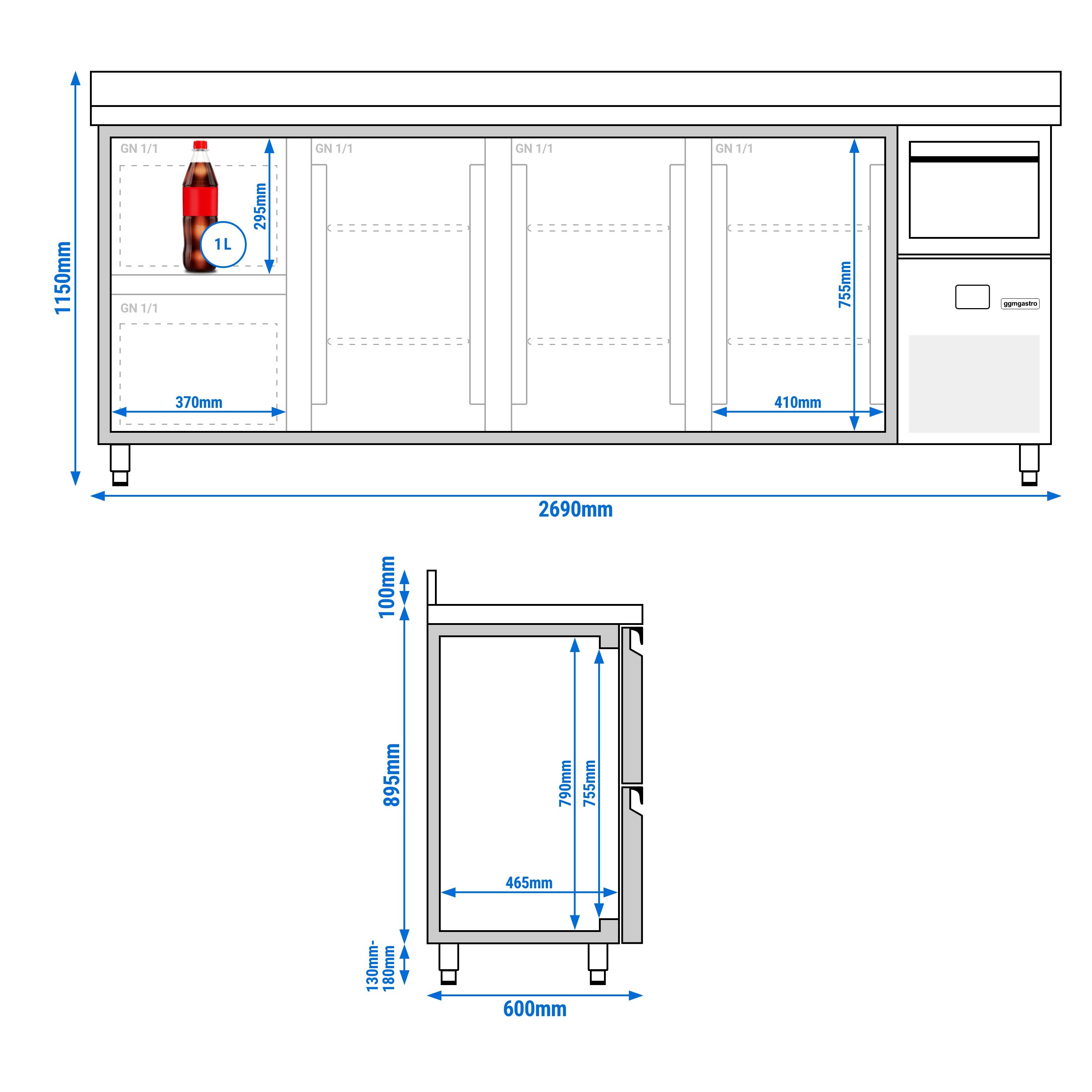 Arrière-bar réfrigéré professionnel  PREMIUM - 2690 x 600 mm - avec 3 portes et 2 tiroirs - avec dosseret - avec tiroir à marc de café
