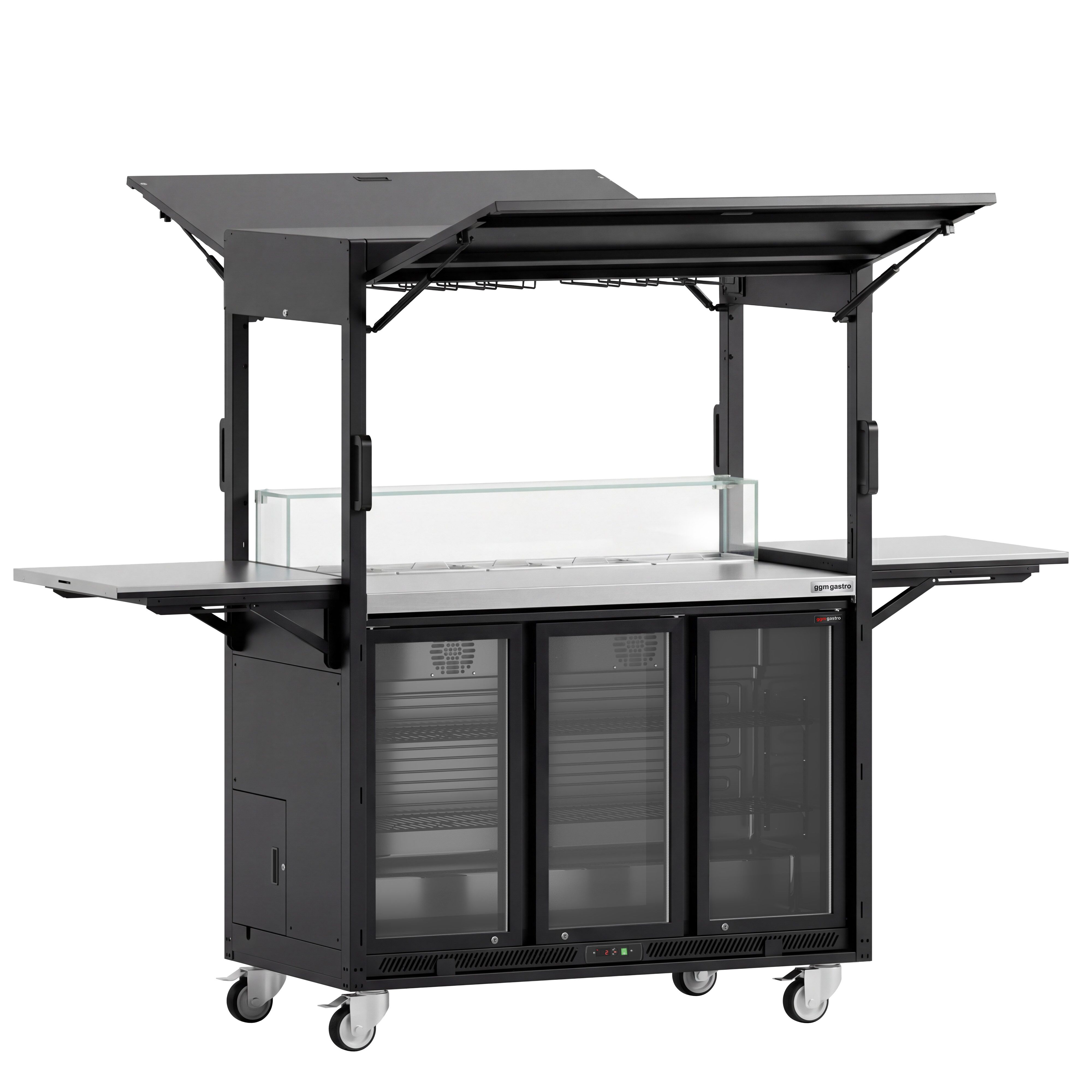 Station de cocktail mobile – avec réfrigérateur de bar, plan de travail, porte-verres et éclairage LED – rabattable