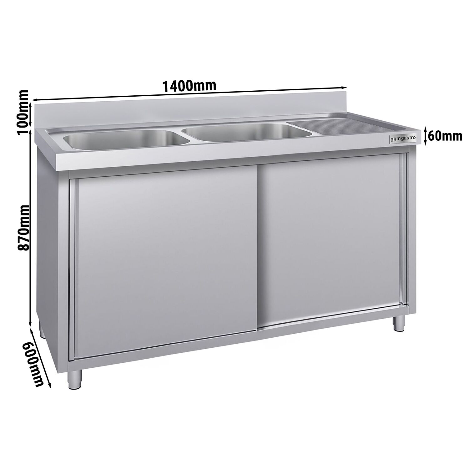 Meuble évier ECO - 1400 x 600 mm - avec 2 bacs à gauche