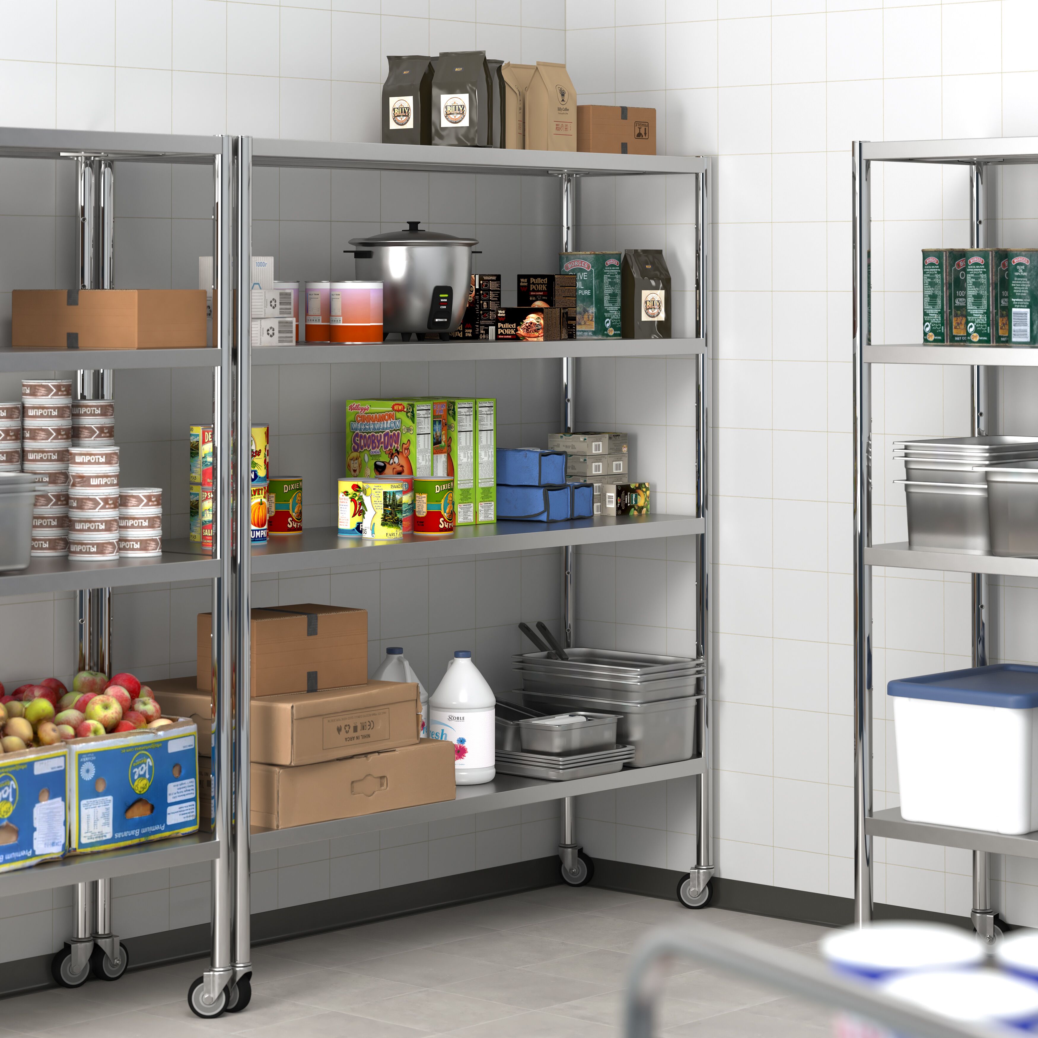 Scaffale in acciaio inox PREMIUM - 1400x1800mm - Profondità: 500mm - con 4 ripiani (REGOLABILI) - incl. 4 ruote - Portata: 80kg per ripiano
