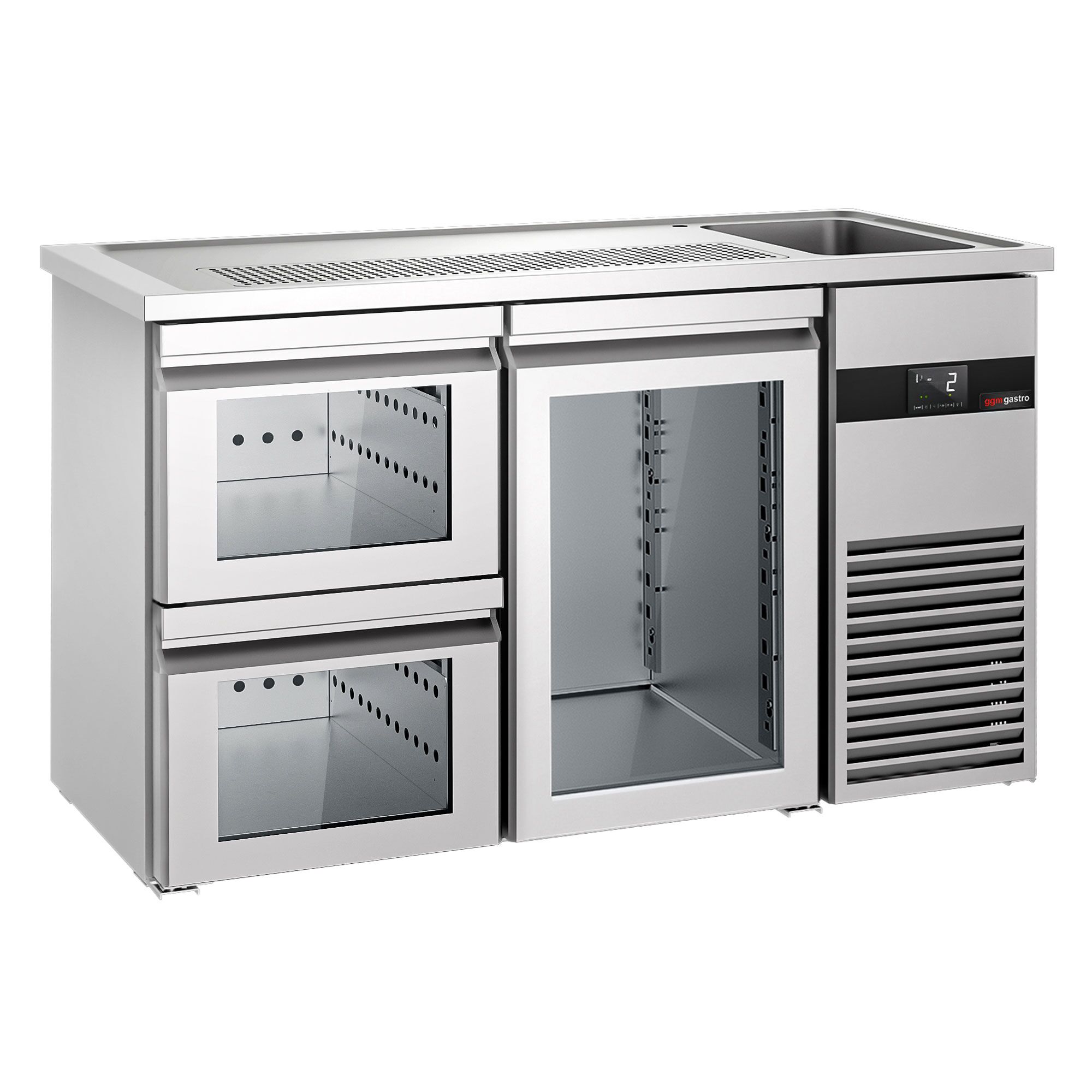 Comptoir de bar réfrigéré PREMIUM - 1550x700mm - 1 porte en verre et 2 tiroirs en verre