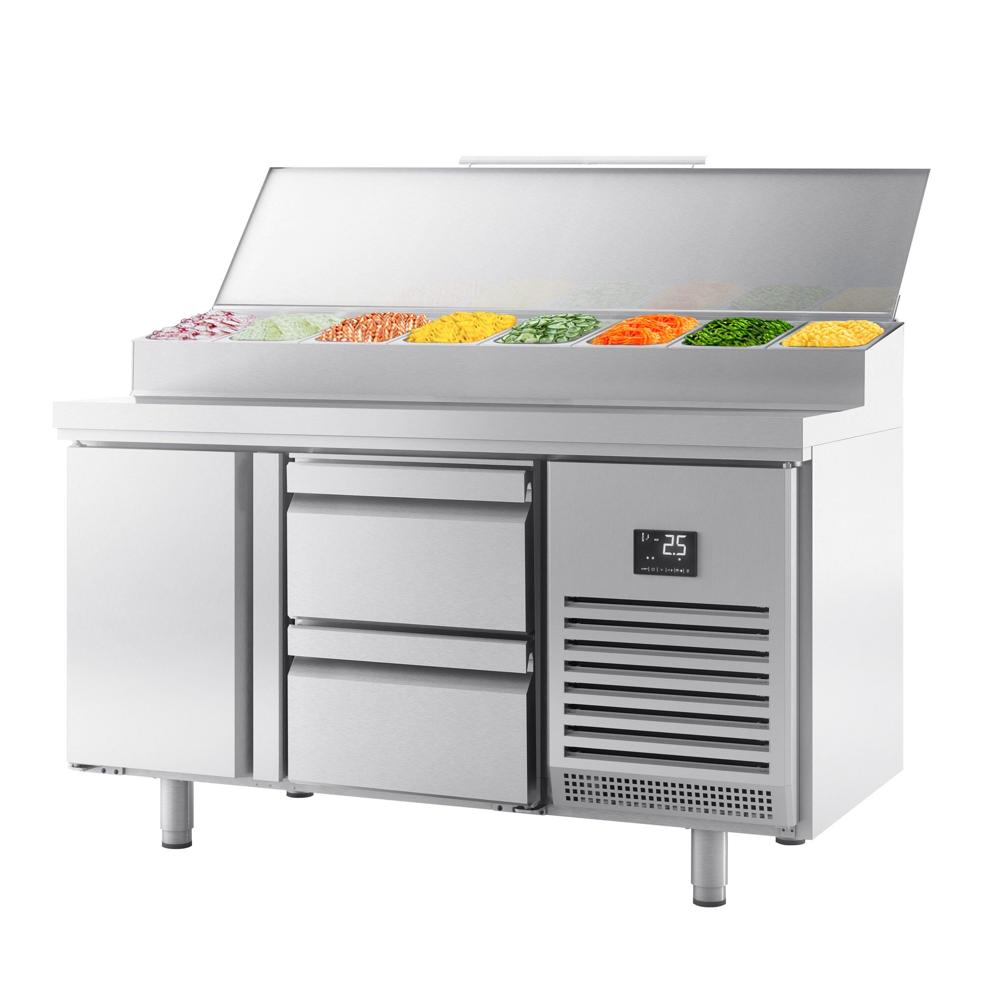 Table réfrigérée de préparation - 1468 x 600 mm - avec 1 porte et 2 tiroirs - avec superstructure en inox 8 x GN 1/4
