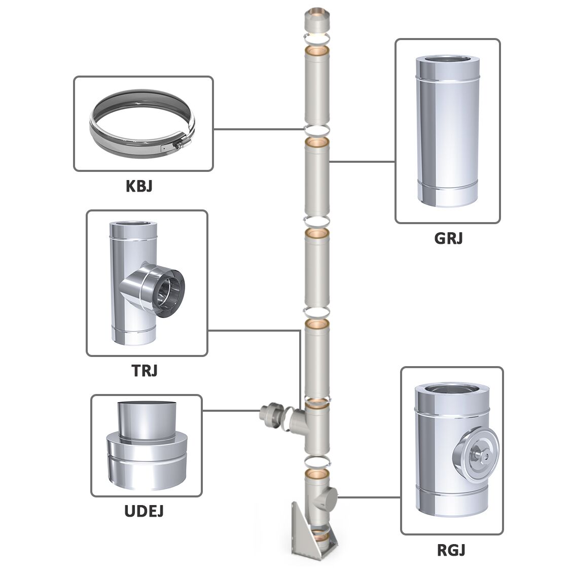 Straight Flue Pipe - in Stainless Steel - Length: 0.376 m - for Outer Pipe Ø 250 mm - Ø 200 mm