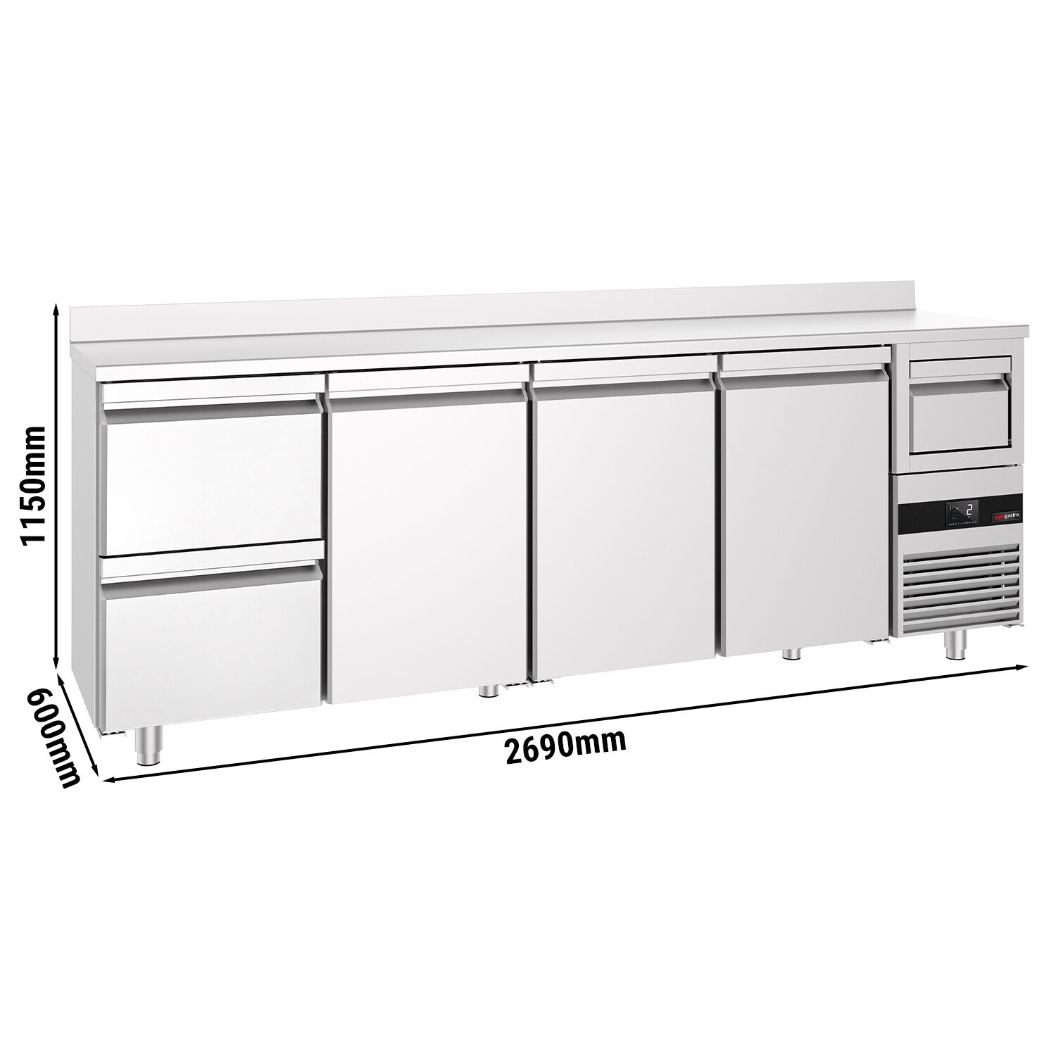 Arrière-bar réfrigéré professionnel  PREMIUM - 2690 x 600 mm - avec 3 portes et 2 tiroirs - avec dosseret - avec tiroir à marc de café