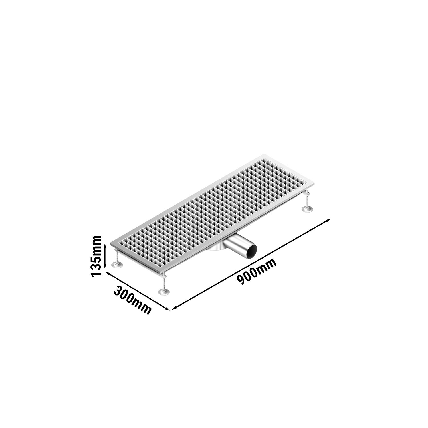 Caniveau de sol en acier inoxydable - 900x300mm - sortie horizontale Ø70mm - avec caillebotis